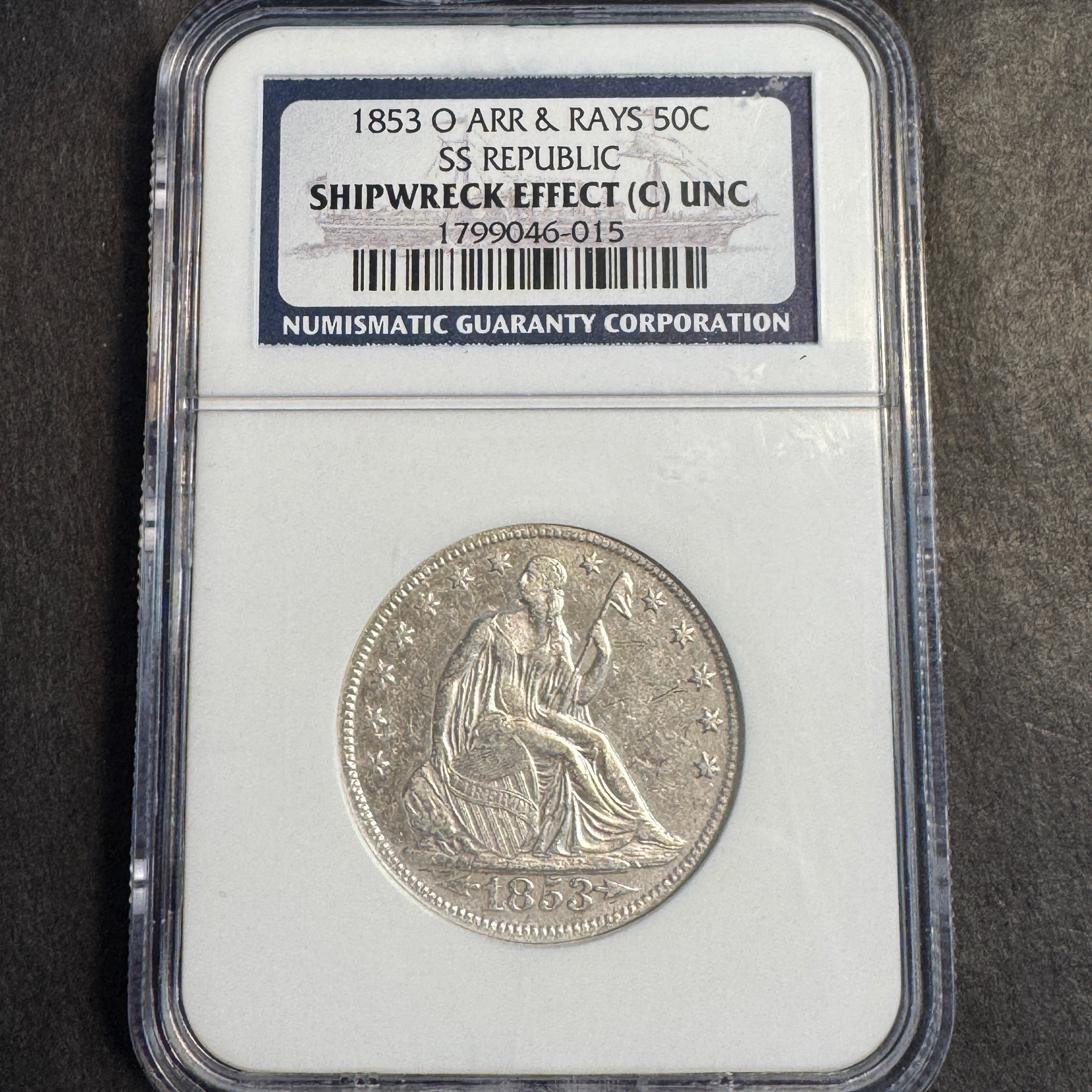 1853-O Seated Liberty Half Dollar 50c Arrows & Rays, SS REPUBLIC, NGC Shipwreck Effect UNC
