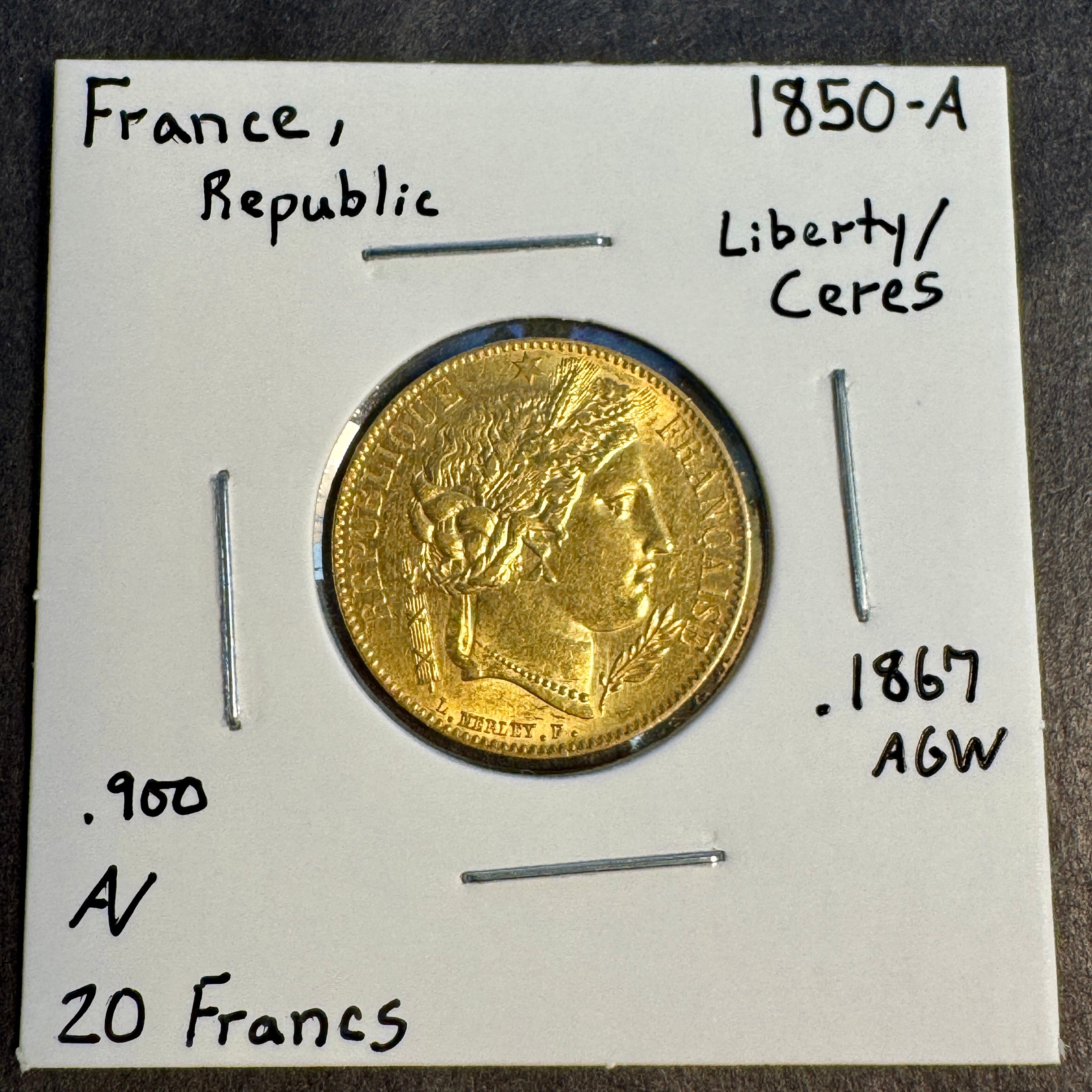 1850-A France 20 Francs Gold, KM-762, Ceres, AU+