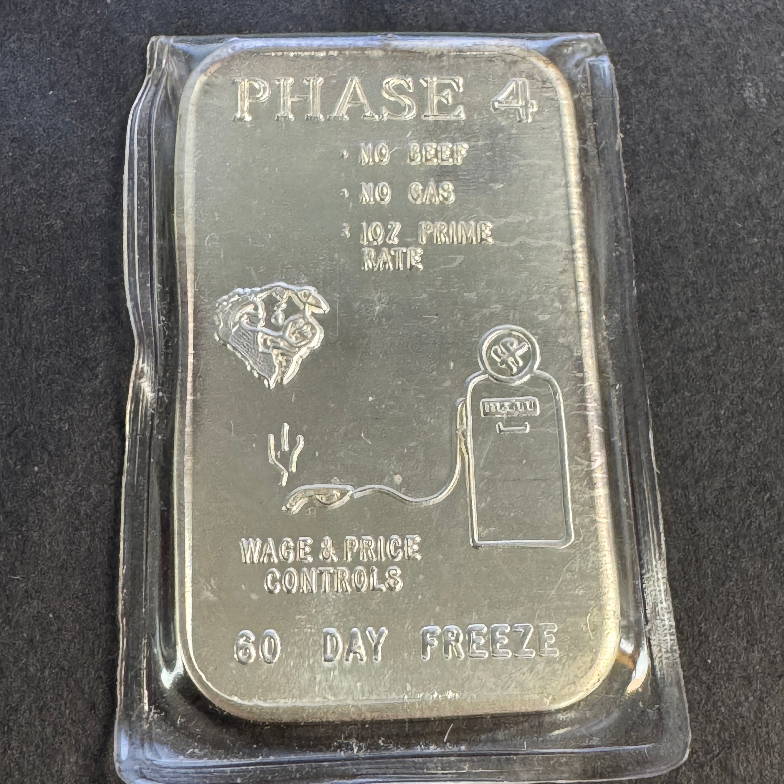 “PHASE 4, No Beef No Gas” The Justice Mint vintage 1970s inflation warning 1oz silver bar