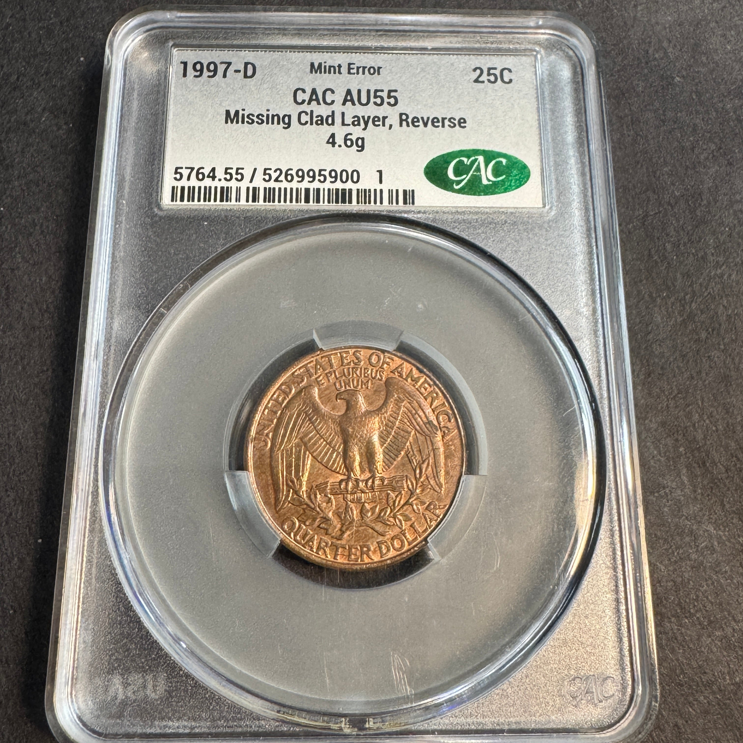 1997-D Washington Quarter 25c, Missing Clad Layer on Reverse, Denver Mint Error CAC AU-55