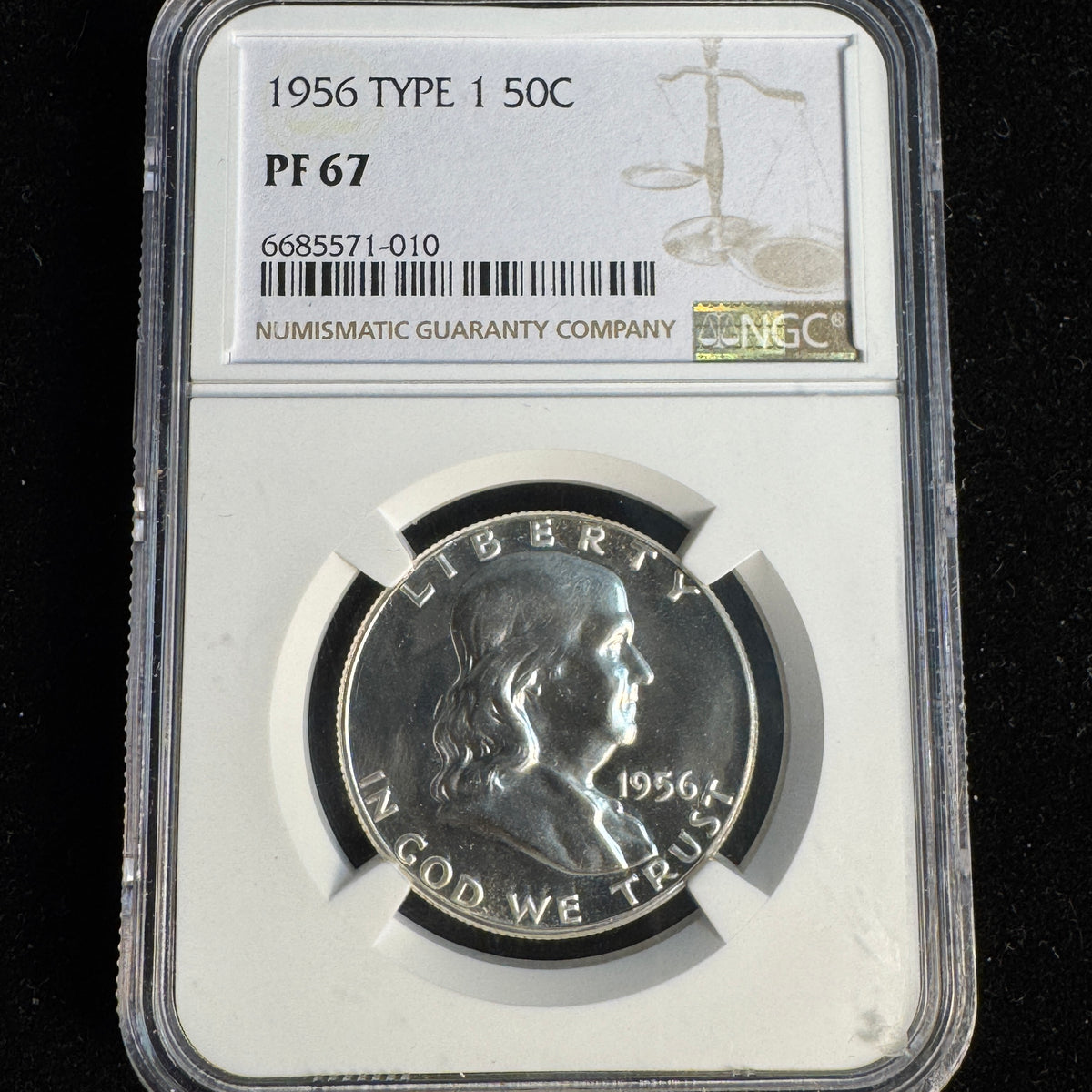 1956 Type 1 Proof Franklin Half 50c , NGC PF-67