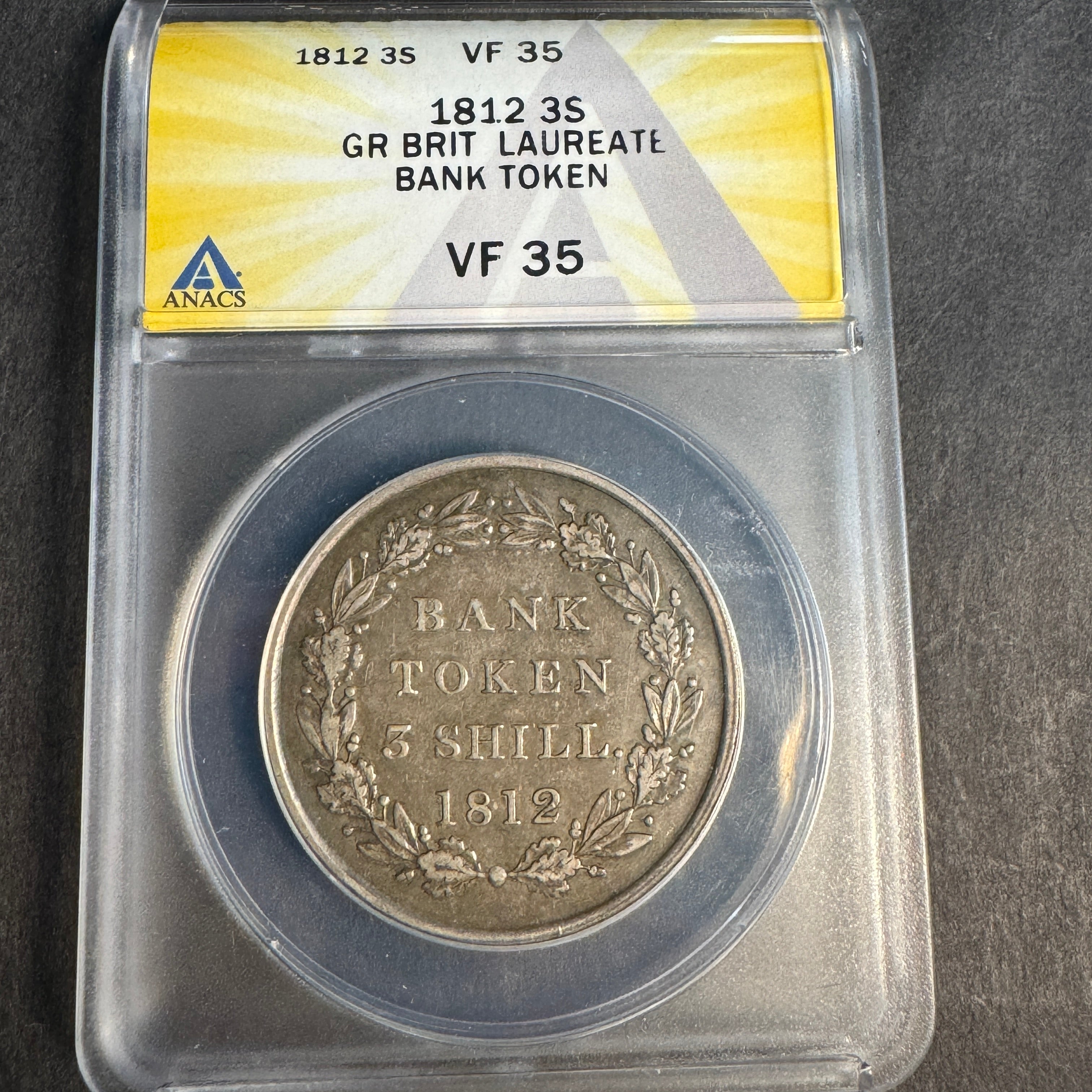 1812 Great Britain AR 3 Shilling Bank Token, George III, ANACS VF-35 🇬🇧