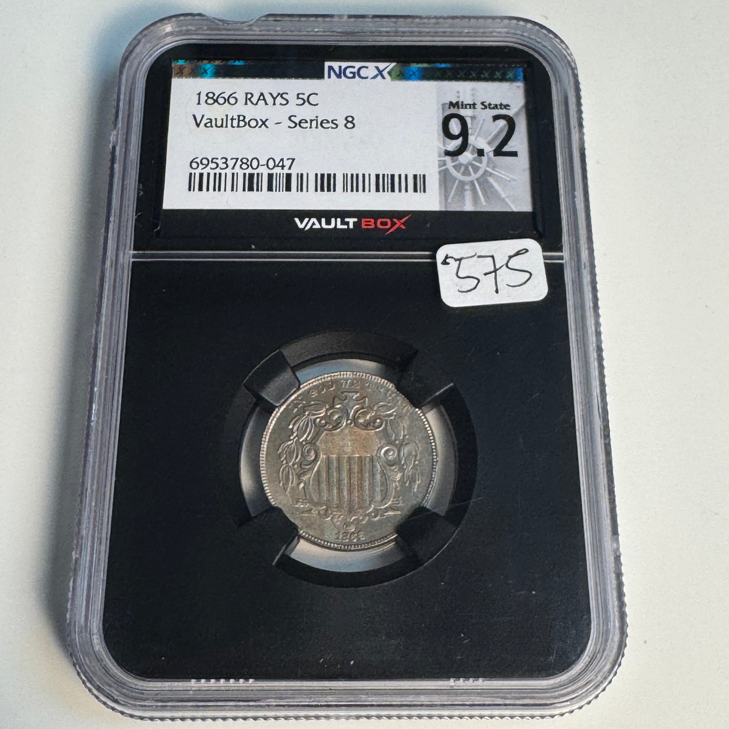 1866 Shield Nickel 5c with Rays, NGC-X MS 9.2 (MS-62)