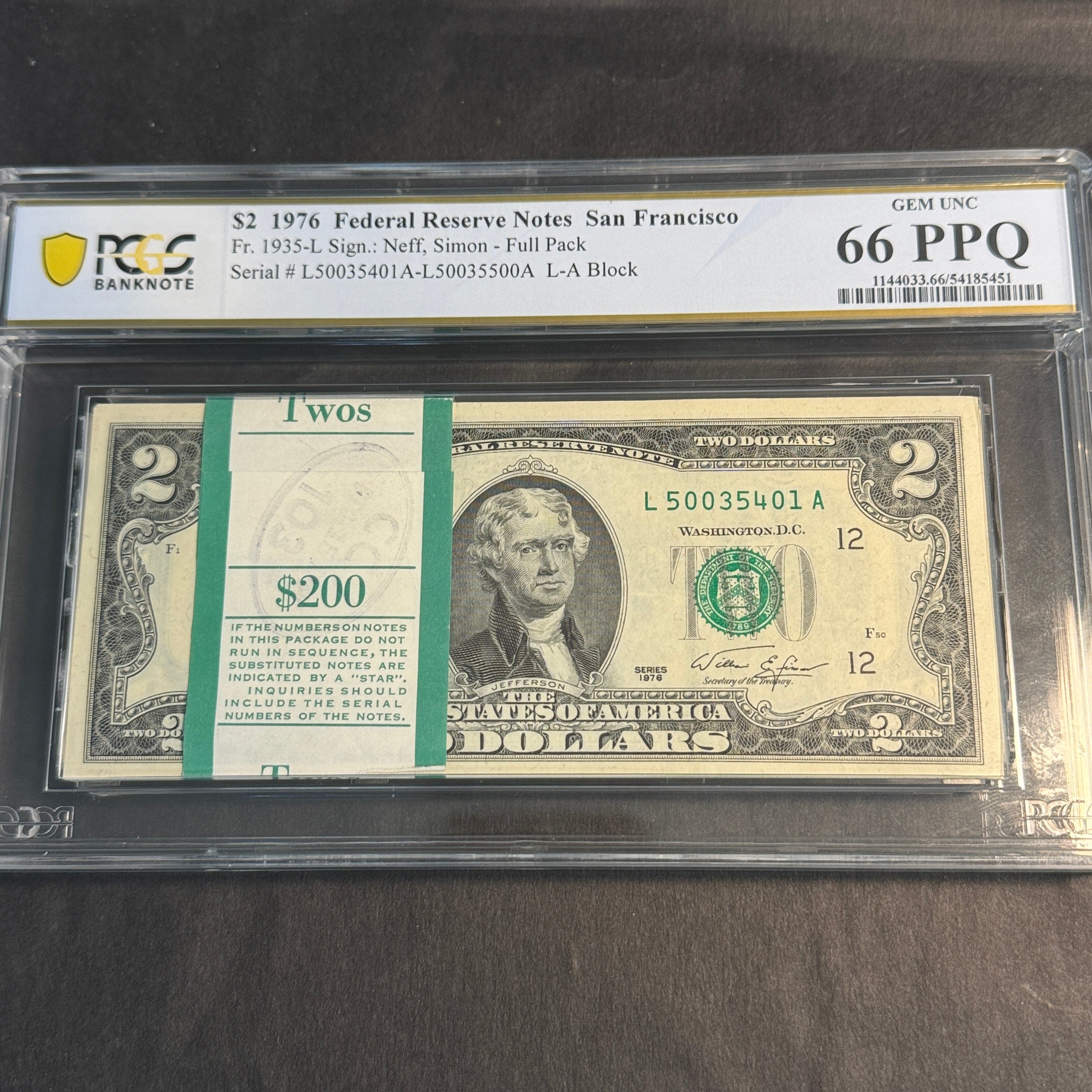 (100) $2 1976 Federal Reserve Notes, San Francisco L-A Block, Original BEP Strap, PCGS Gem UNC 66 PPQ