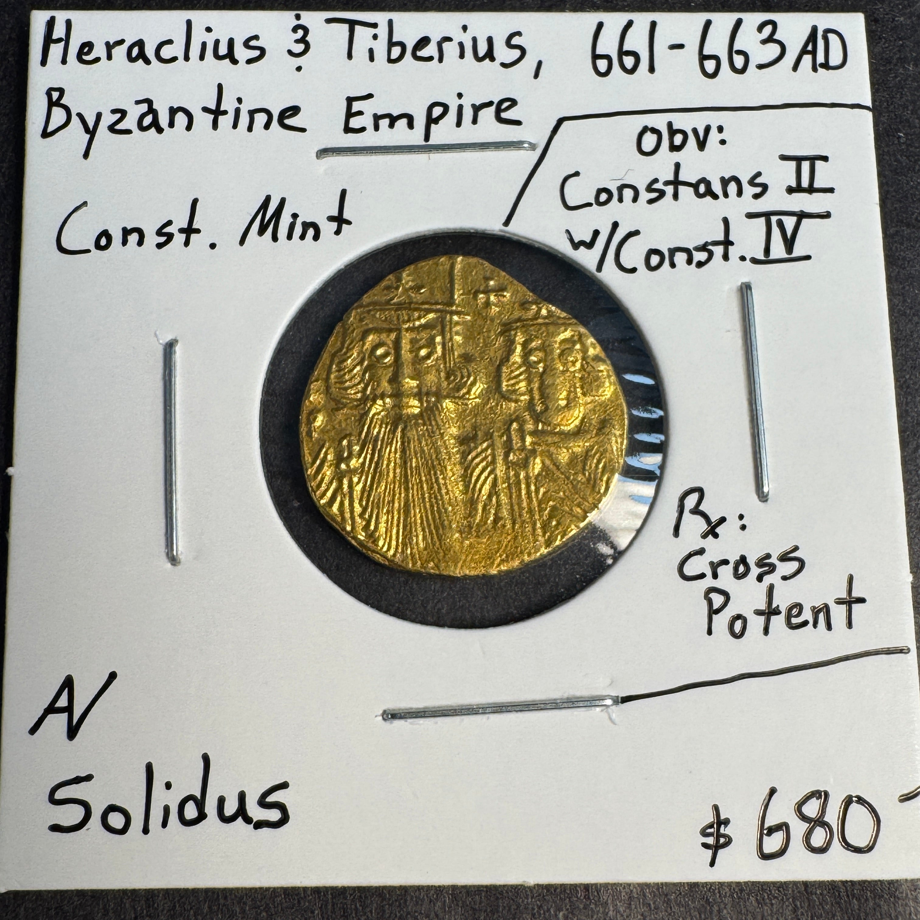 (661-63 AD) Heraclius & Tiberius Byzantine Empire AV Solidus, Constantinople, Obv: Constans II & Constantine IV