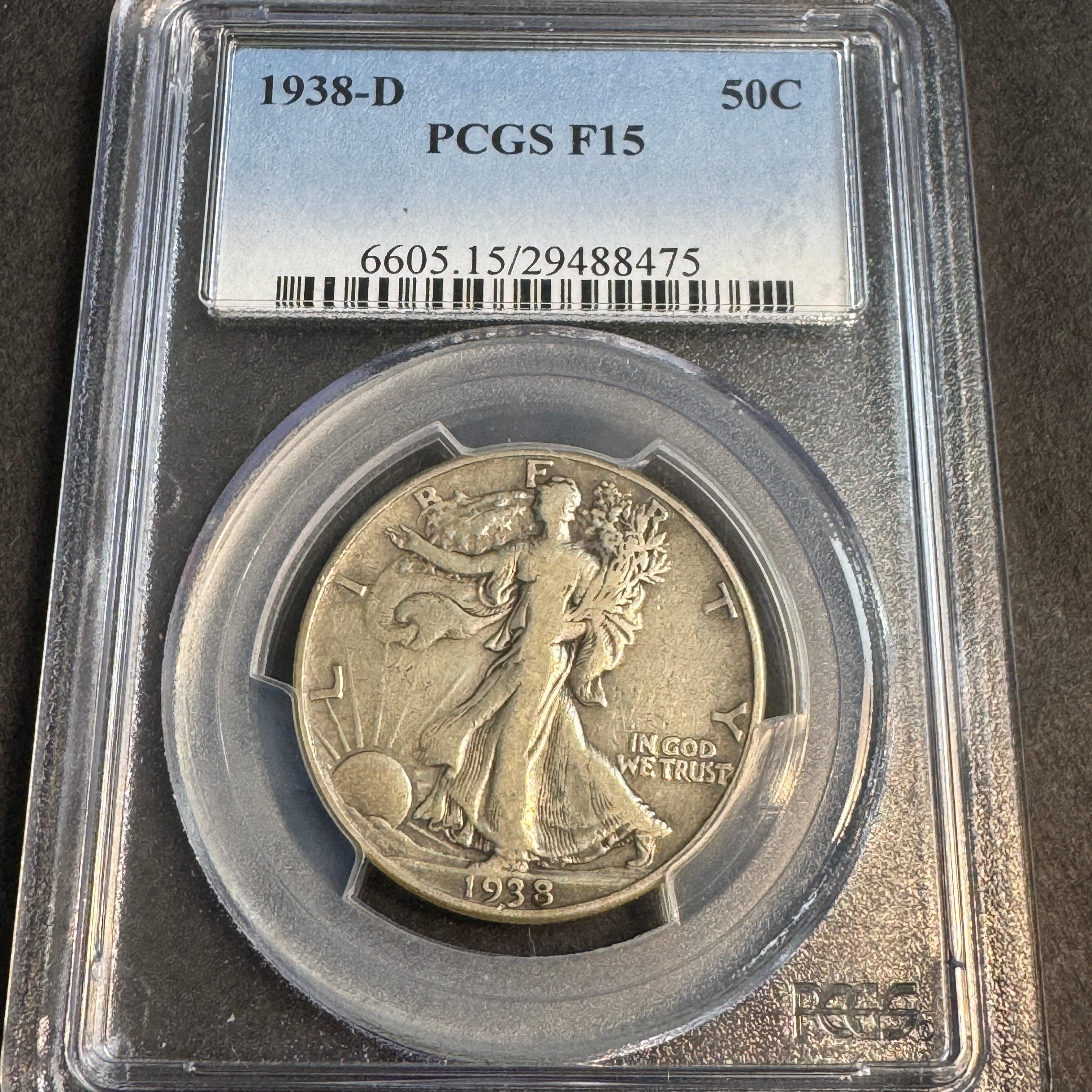 1938-D Walking Liberty Half Dollar, PCGS F-15, key date