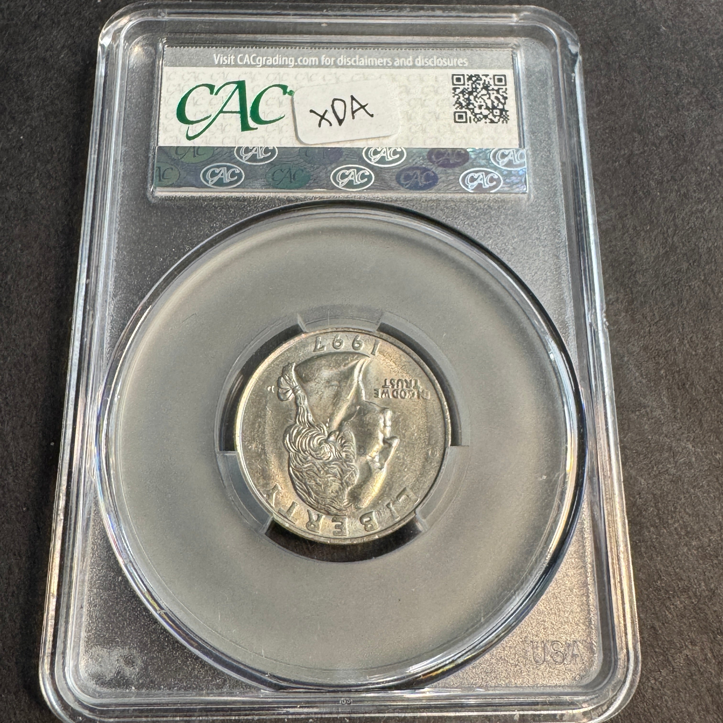 1997-D Washington Quarter 25c, Missing Clad Layer on Reverse, Denver Mint Error CAC AU-55