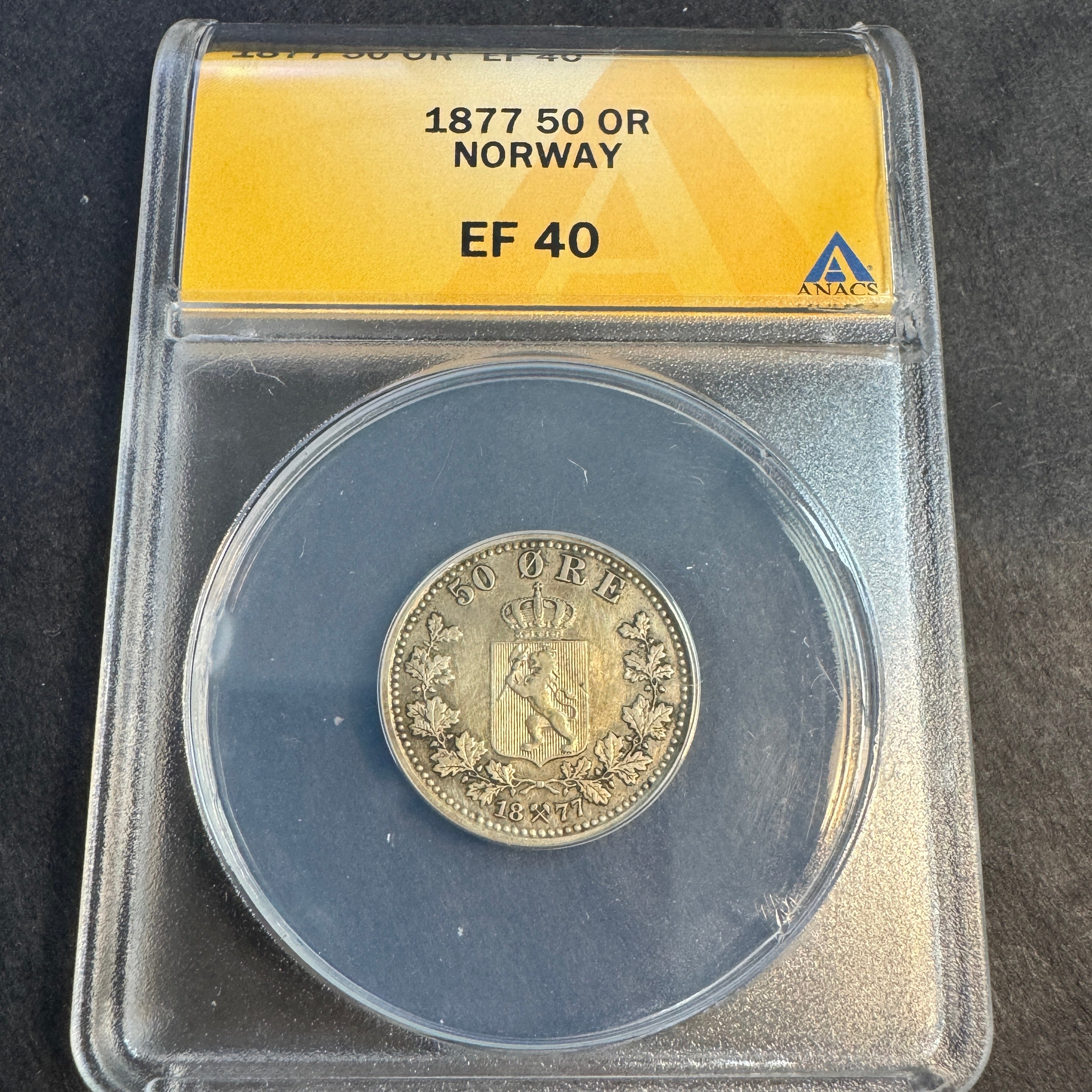 1877 Norway 50 Ore, Oscar II, KM-356, ANACS EF-40 🇳🇴