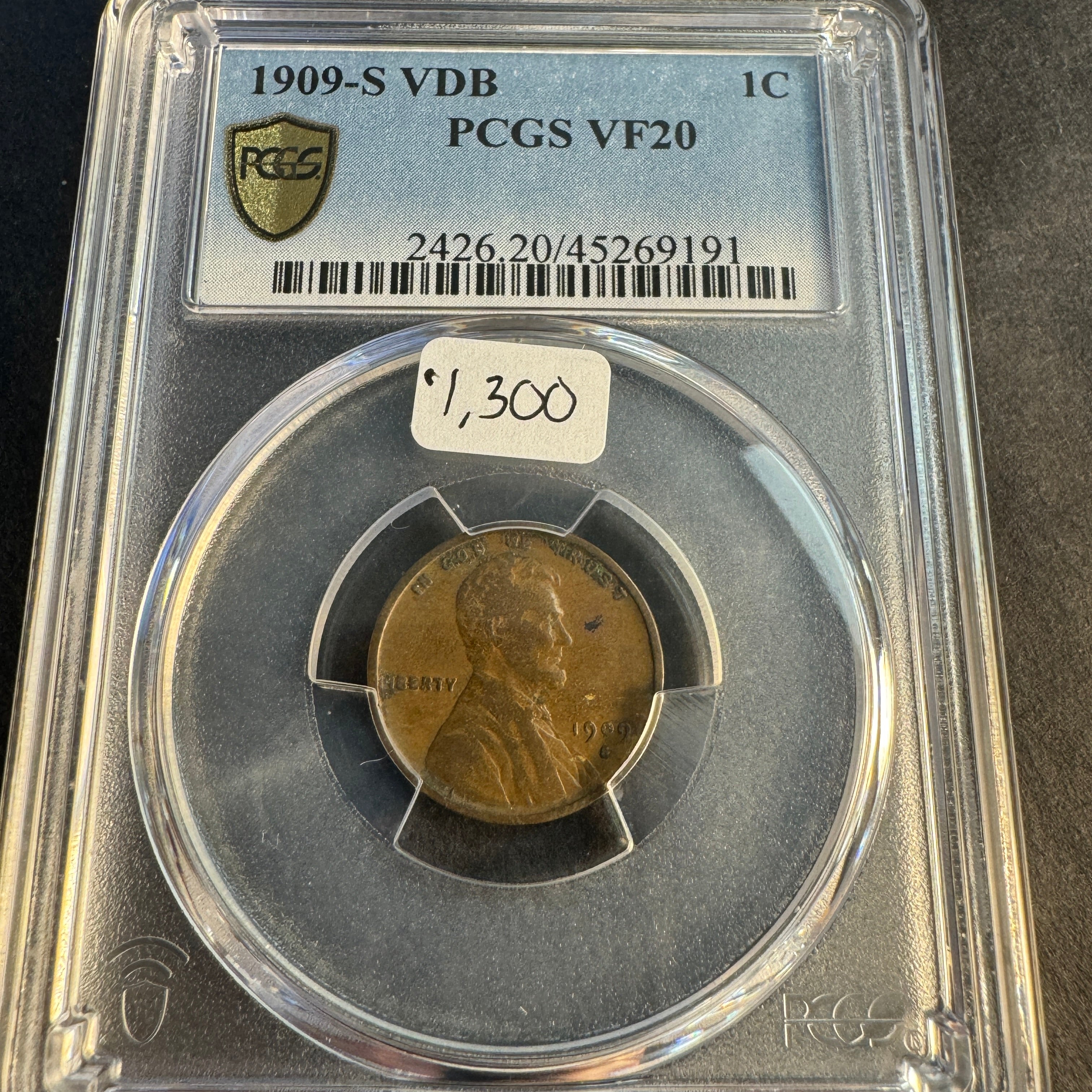 1909-S VDB Lincoln Wheat Cent, PCGS VF-20