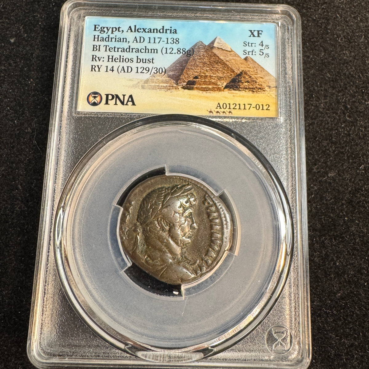 Hadrian (117-138 AD) Roman Egypt BI Tetradrachm, Alexandria RY 14 (129/30 AD) RV: Helios - PNA XF