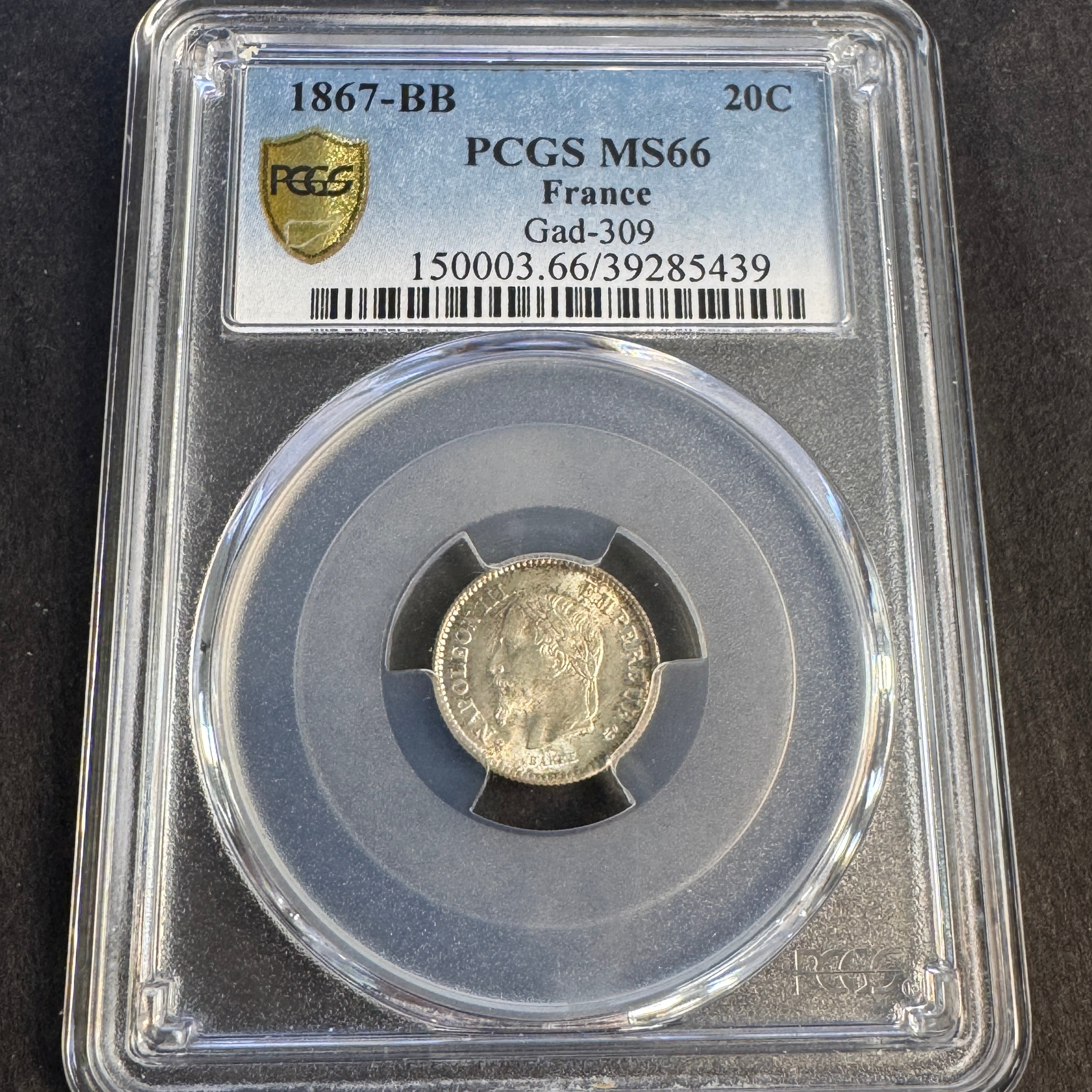 1867-BB France 20 Centimes, Napoleon III, PCGS MS-66 🇫🇷