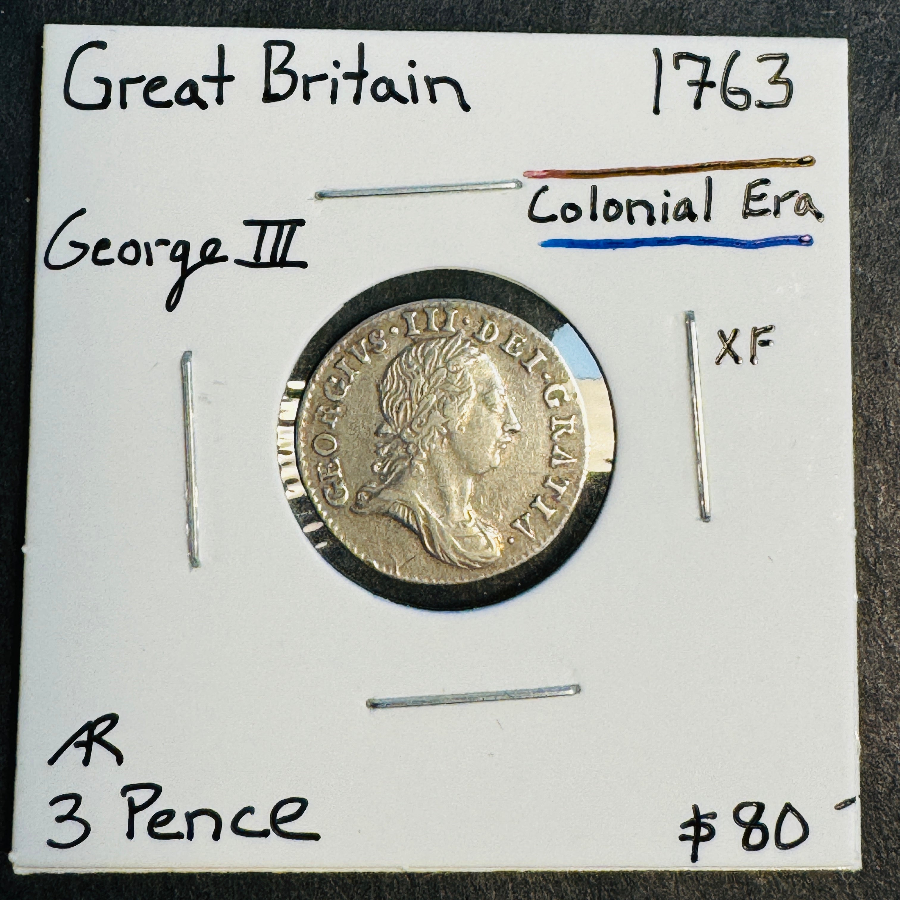 1763 Great Britain AR 3 Pence, King George III, XF