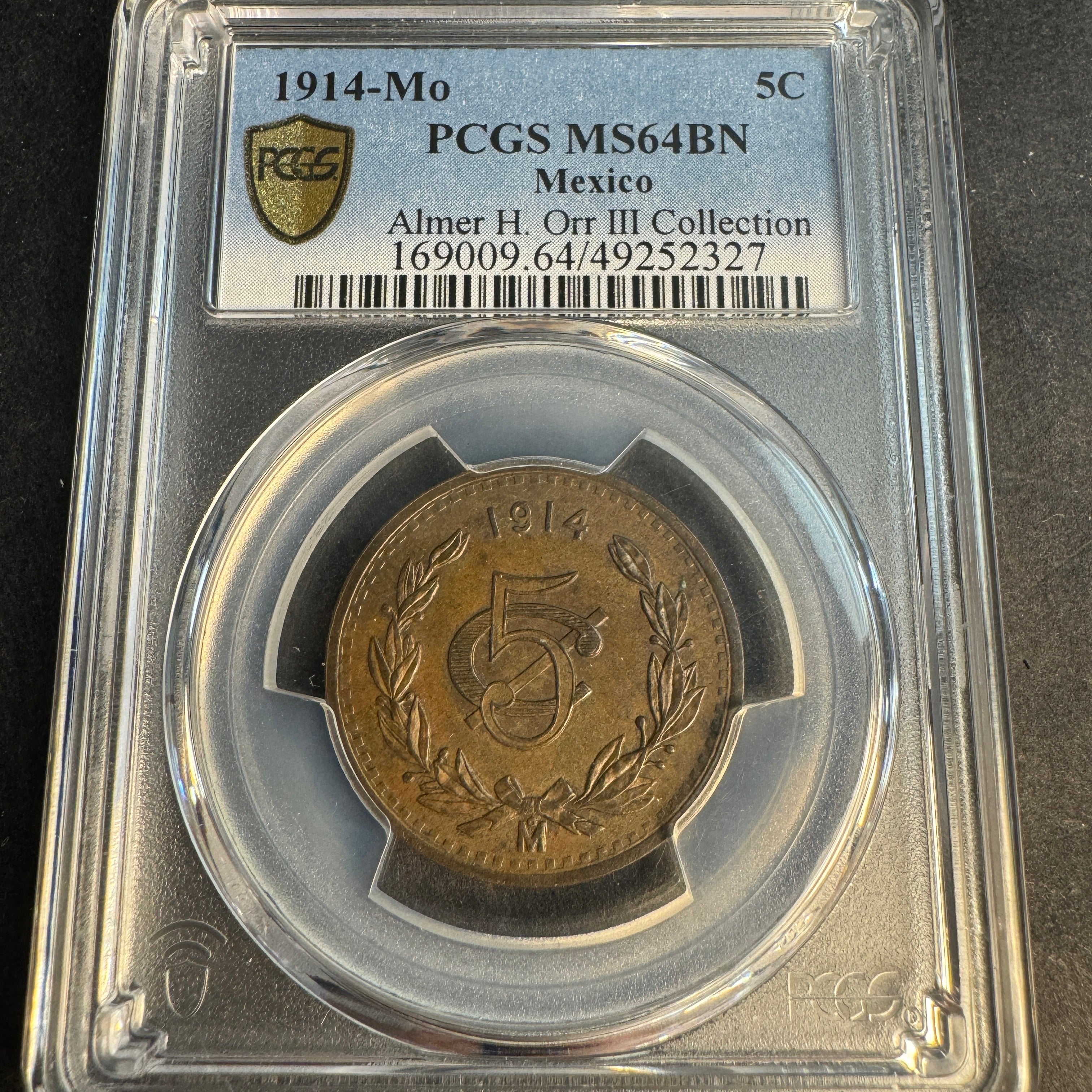 1914 Mo Mexico Æ 5 Centavos, Km-422, PCGS MS-64 BN, ex Almer J. Orr III Collection