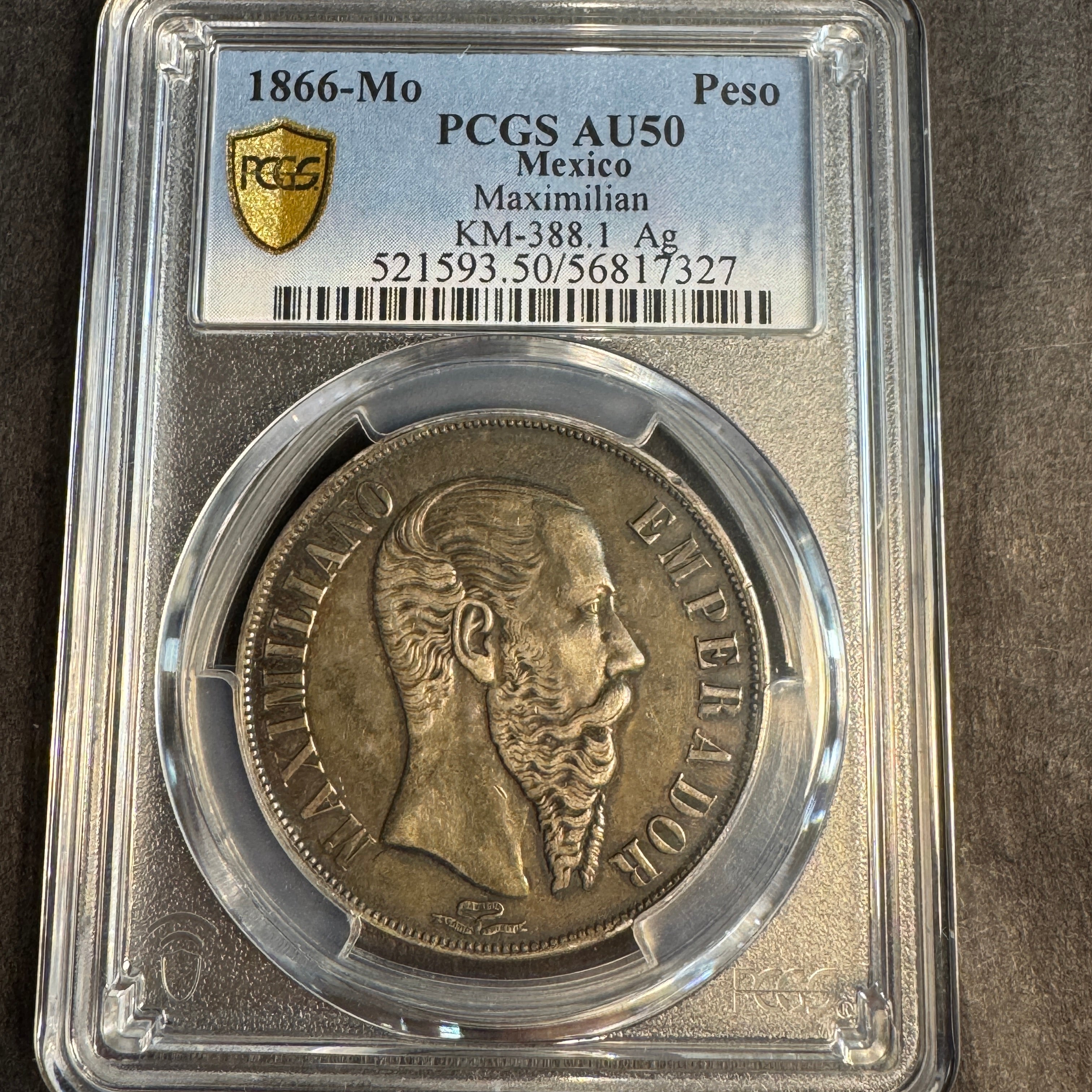 1866-Mo Empire of Maximilian Mexico AR 1 Peso, PCGS AU-50