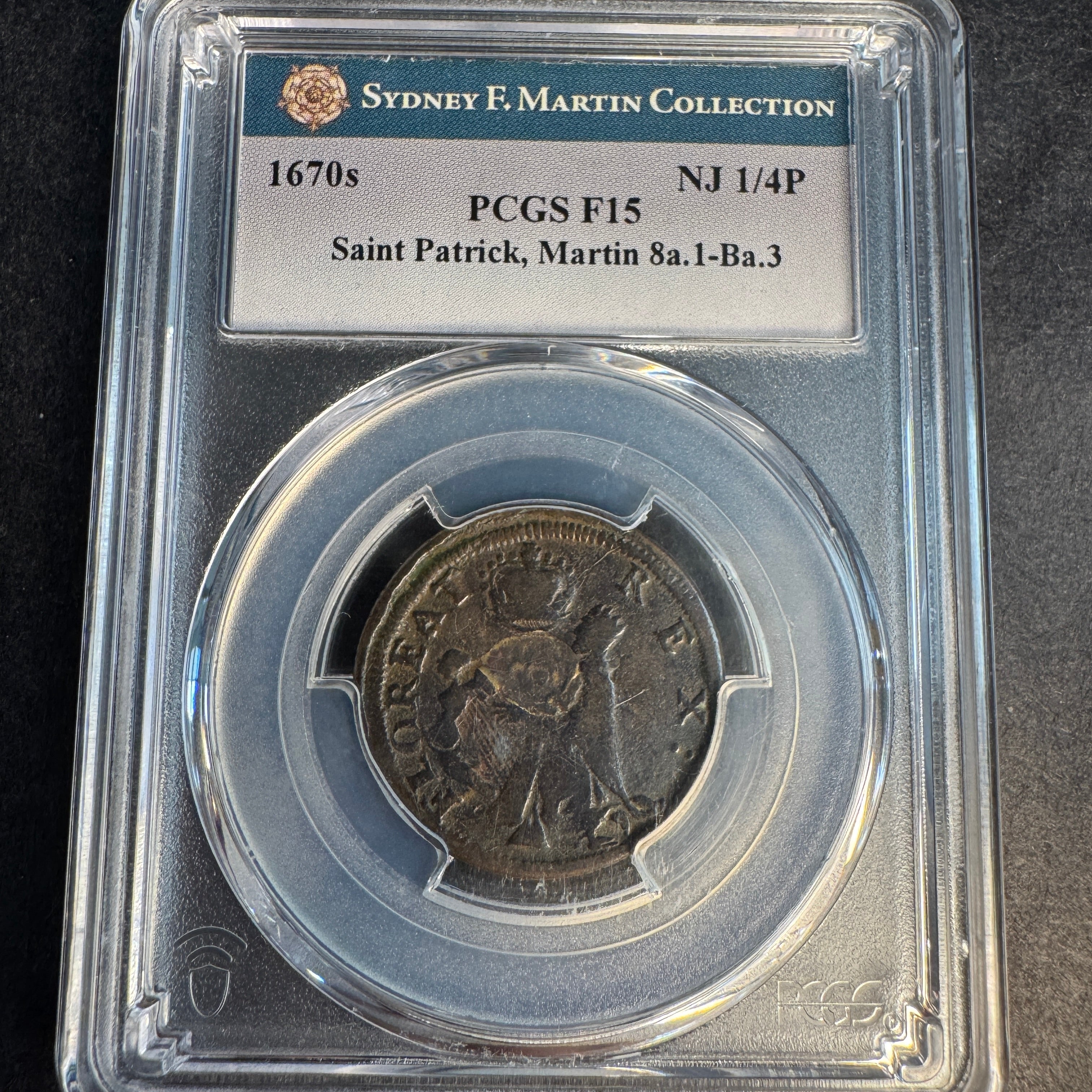 1670s New Jersey Saint Patrick Farthing, Martin 8a.1-Ba.3, PCGS F-15 ☘️
