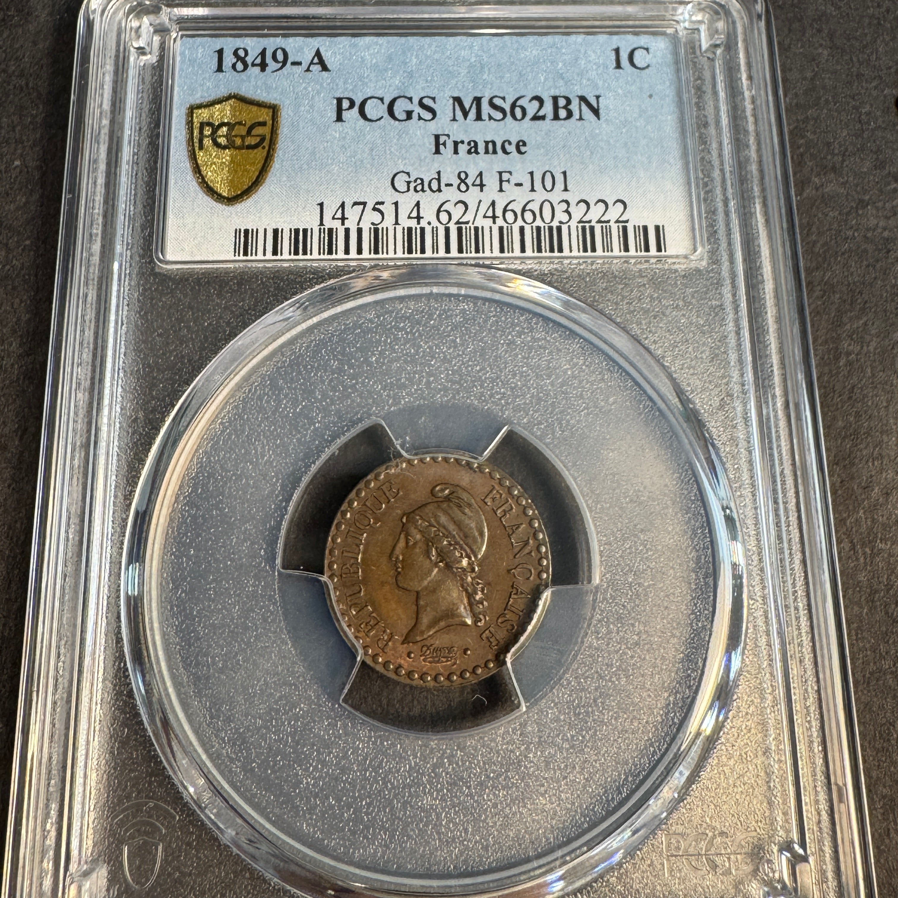 1849-A France Republic 1 Centime, PCGS MS-62 BN 🇫🇷
