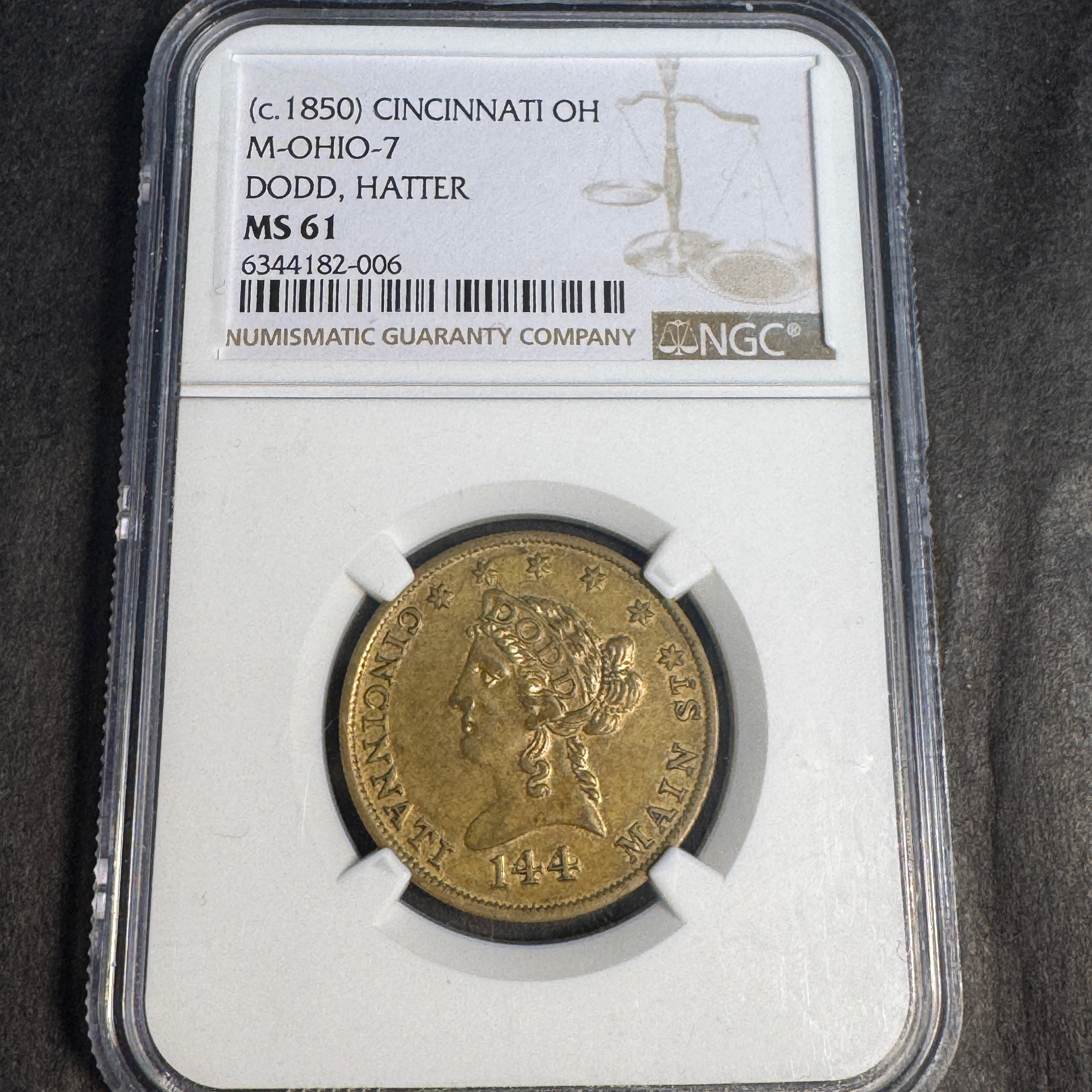 (c.1850) Dodd, Hatter, 144 Main St - merchant token, Cincinnati OH, M-OHIO-7, NGC MS-61