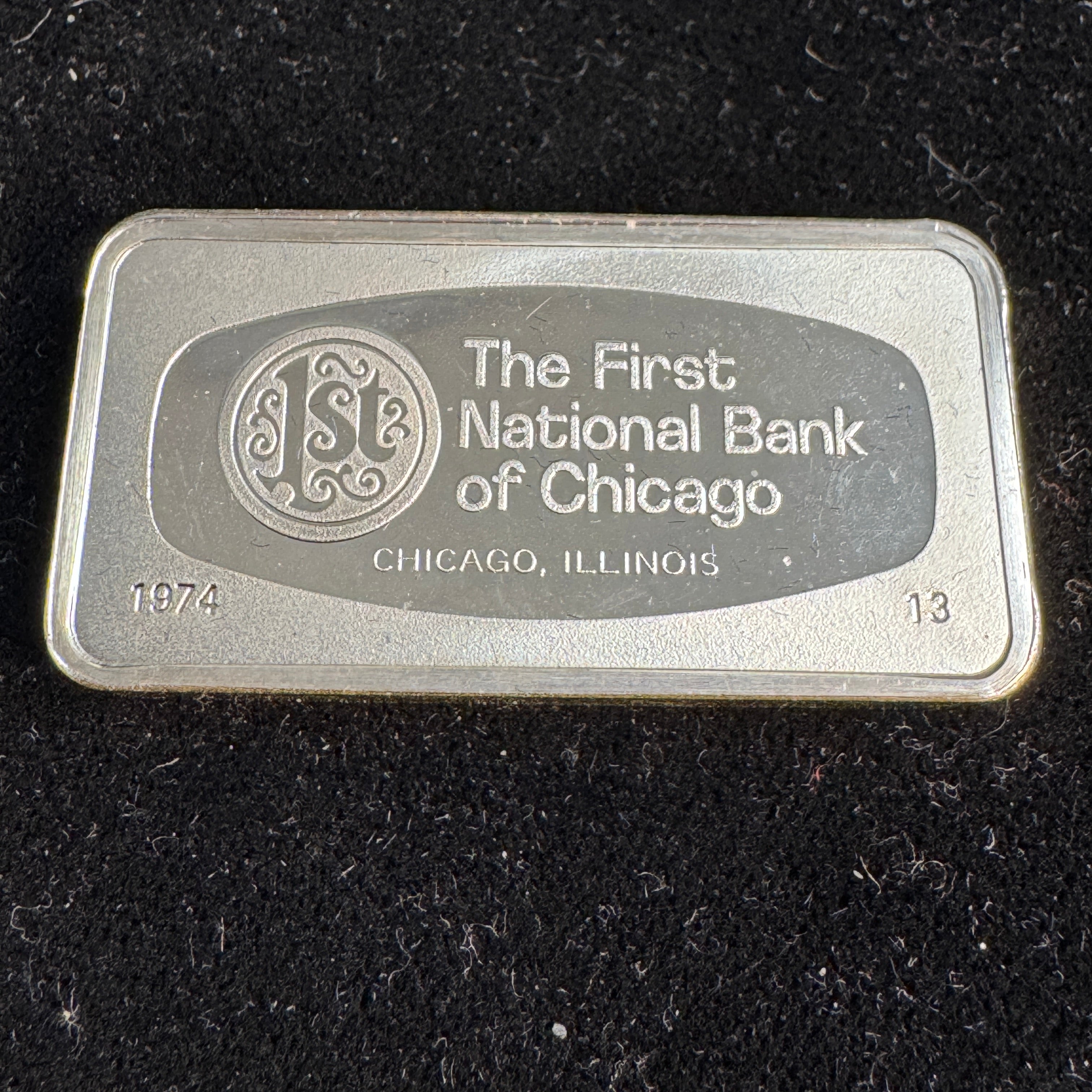 1974-FM First National Bank of Chicago 1000 Grains Sterling Silver Bar
