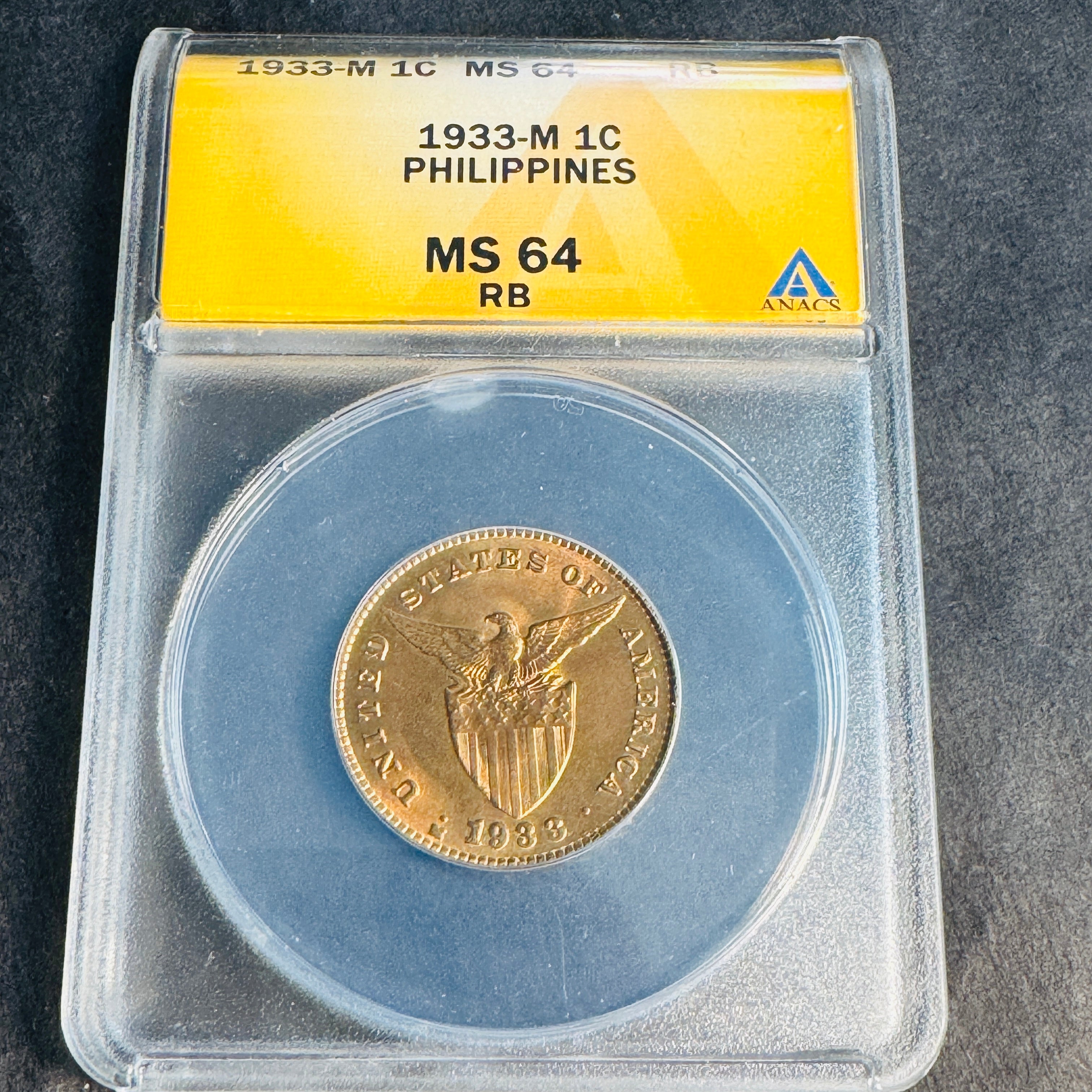 1933-M US Philippines 1 Centavo, ANACS MS-64 RB Red-Brown