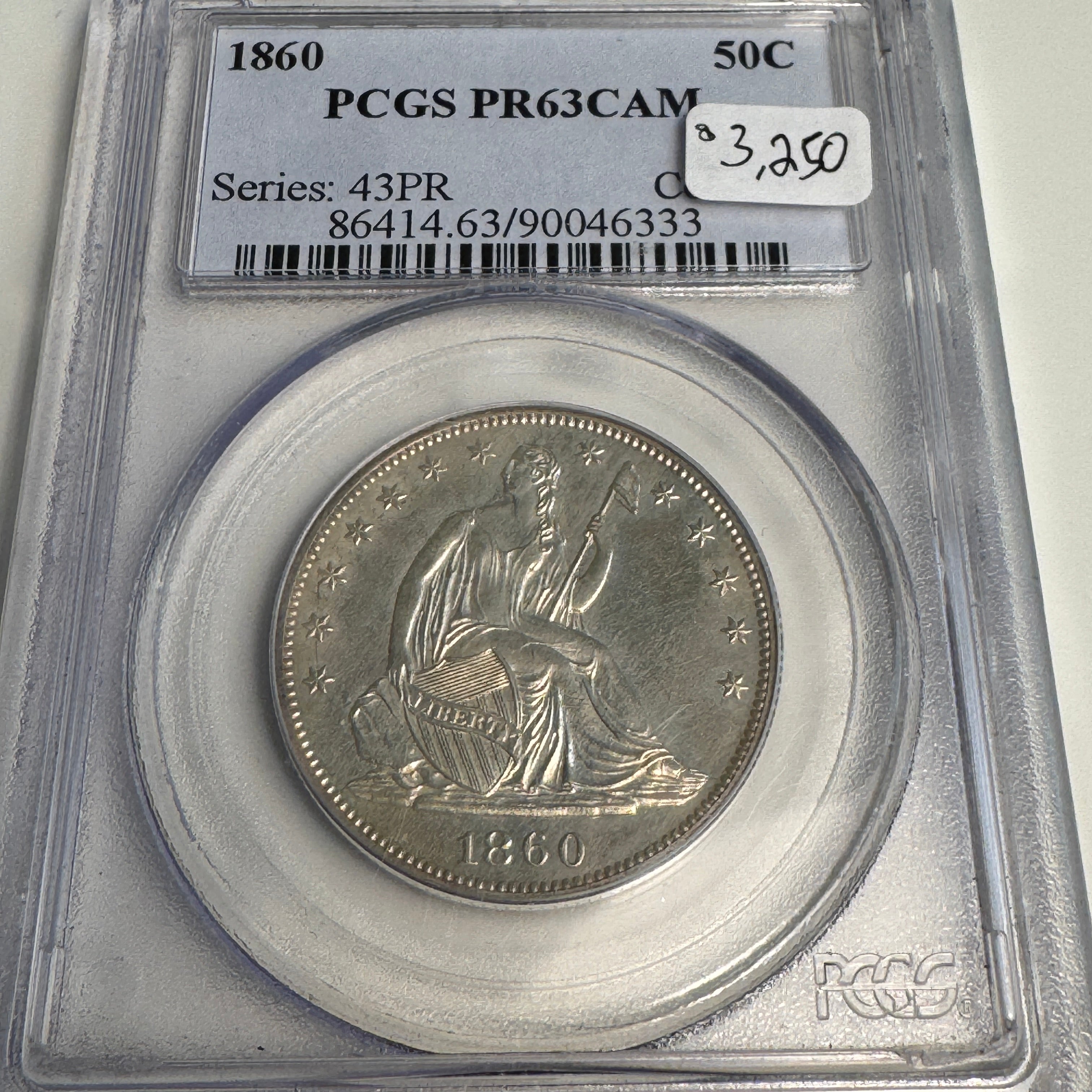 1860 Seated Liberty Half Dollar 50c Proof, PCGS PR-63 Cameo