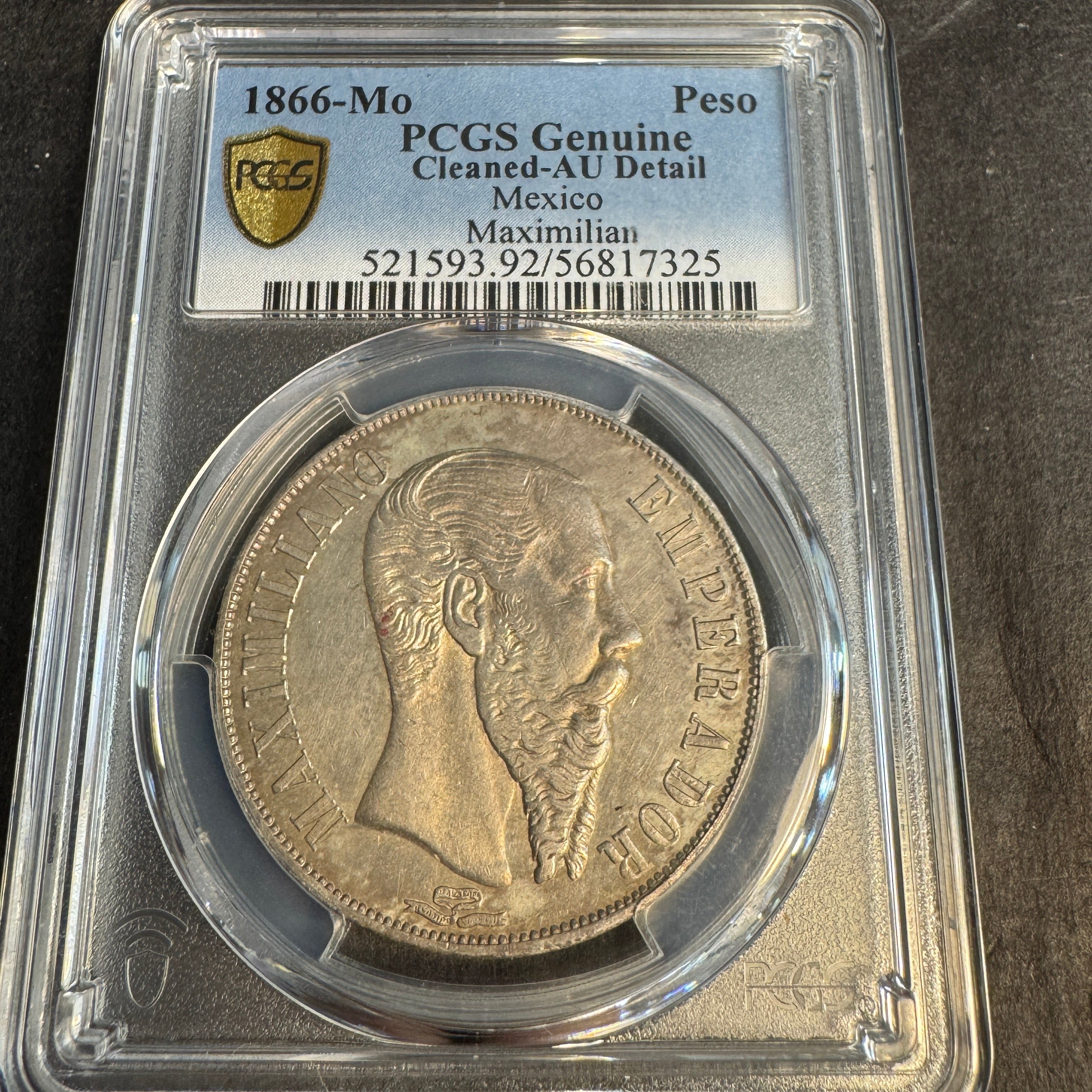 1866-Mo Empire of Maximilian Mexico AR 1 Peso, PCGS AU Detail