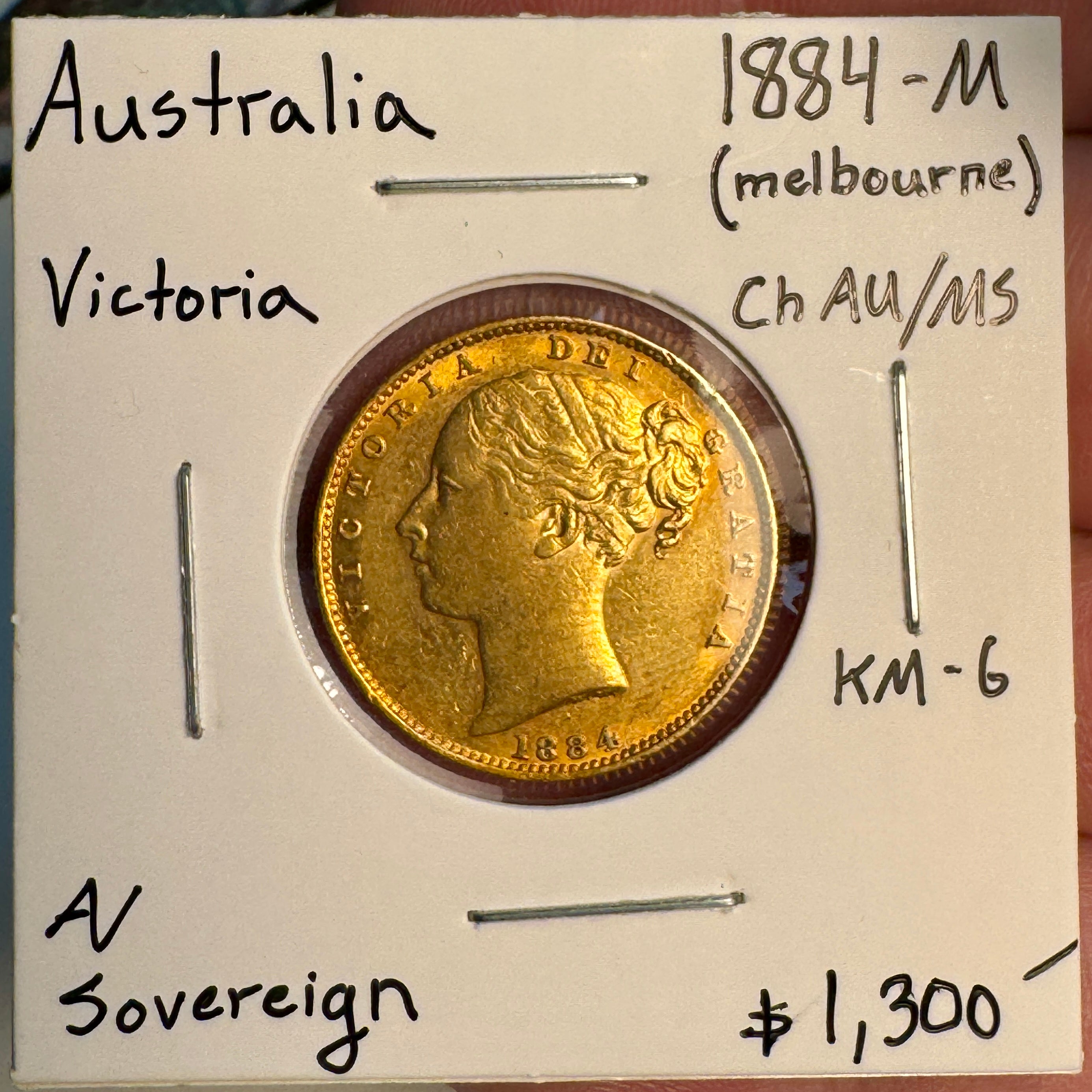 1884-M Australia Gold Sovereign, Victoria KM-6, AU+/MS 🇦🇺
