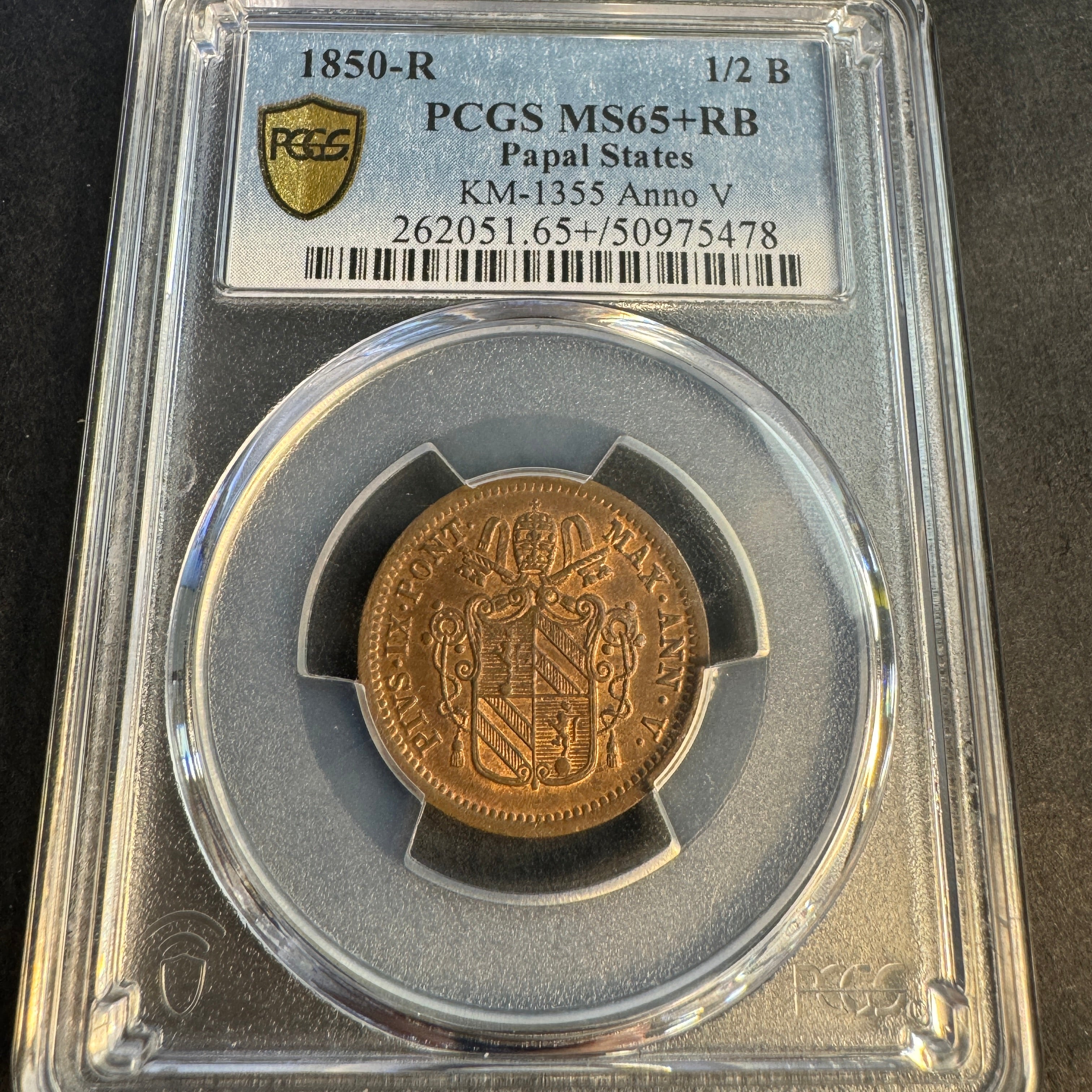 1850-R Papal States 1/2 Baiocco AE, Pius IX Anno V, PCGS MS-65+ RB Red-Brown🇻🇦Top Pop 1/0 🏆
