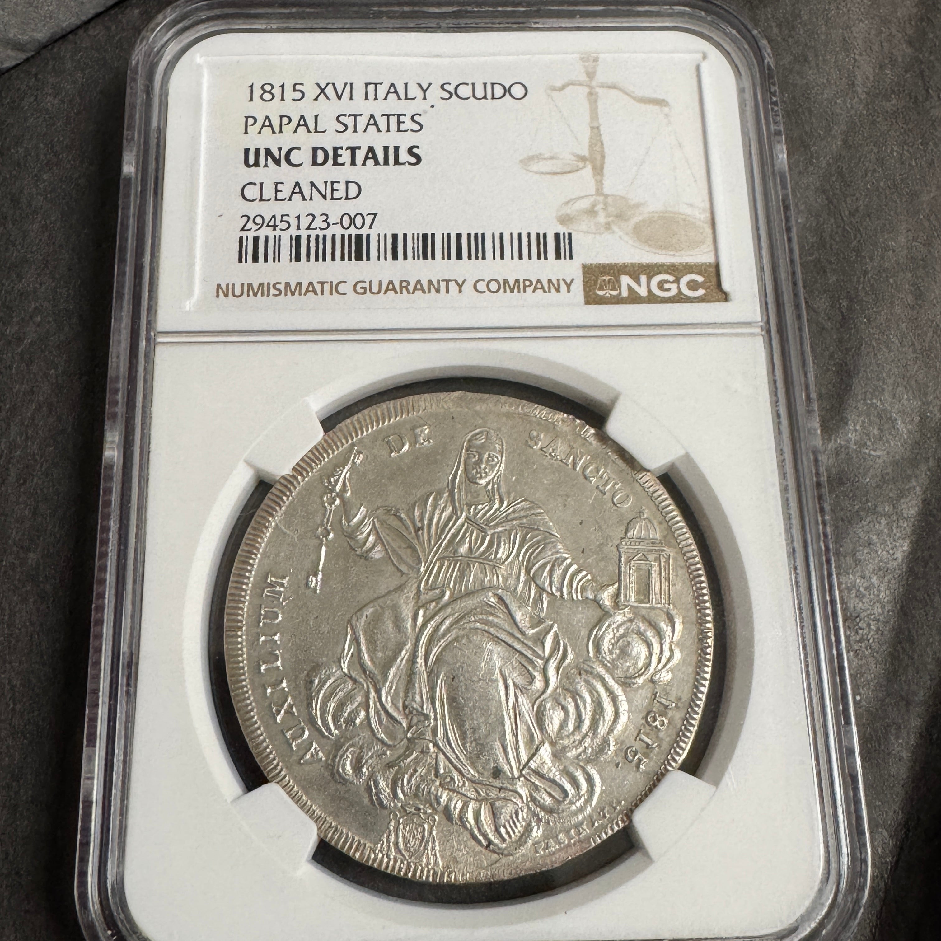 1815 Papal States AR Scudo, Yr XVI Pius VII, NGC UNC Details🇻🇦