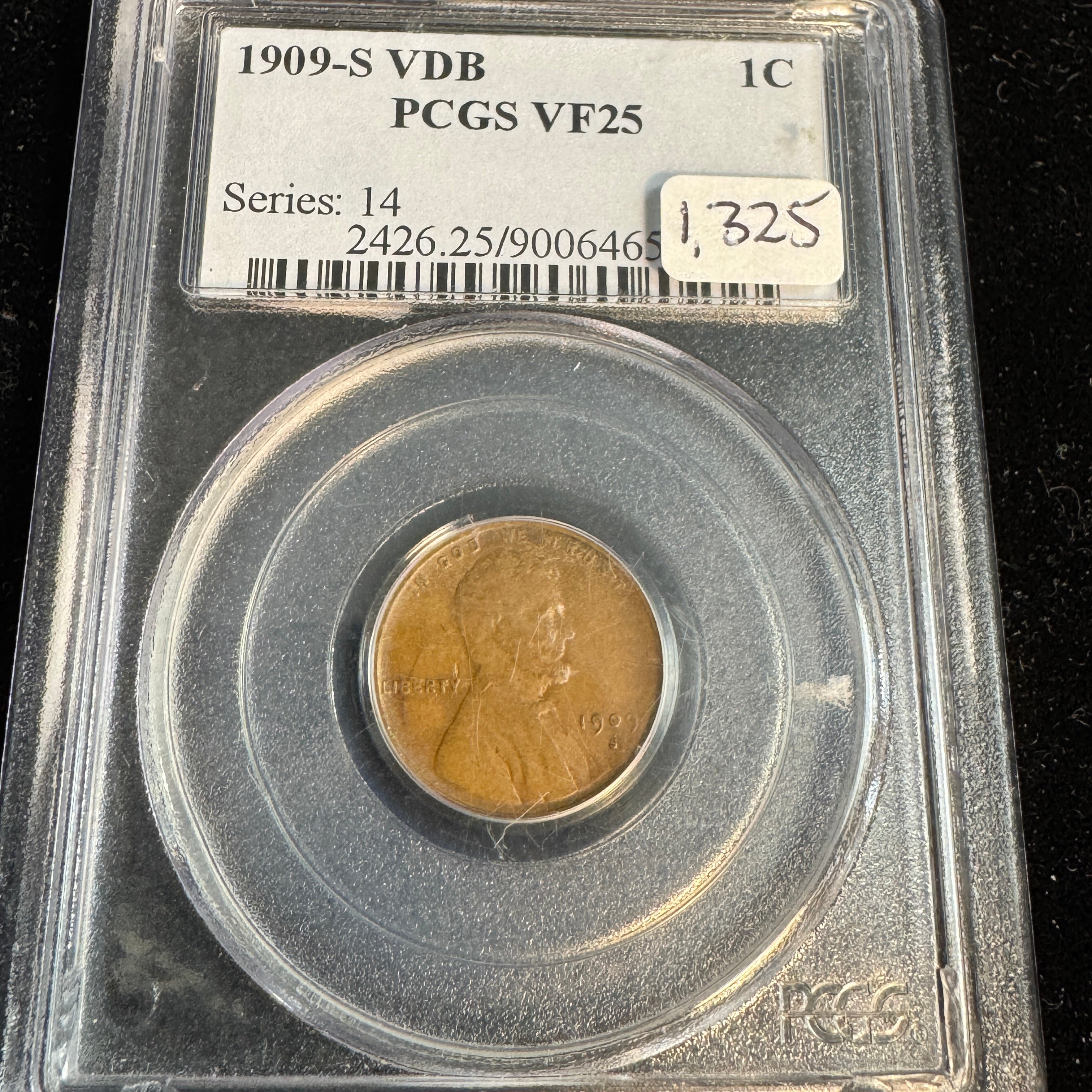 1909-S VDB Lincoln Wheat Cent, PCGS VF-25