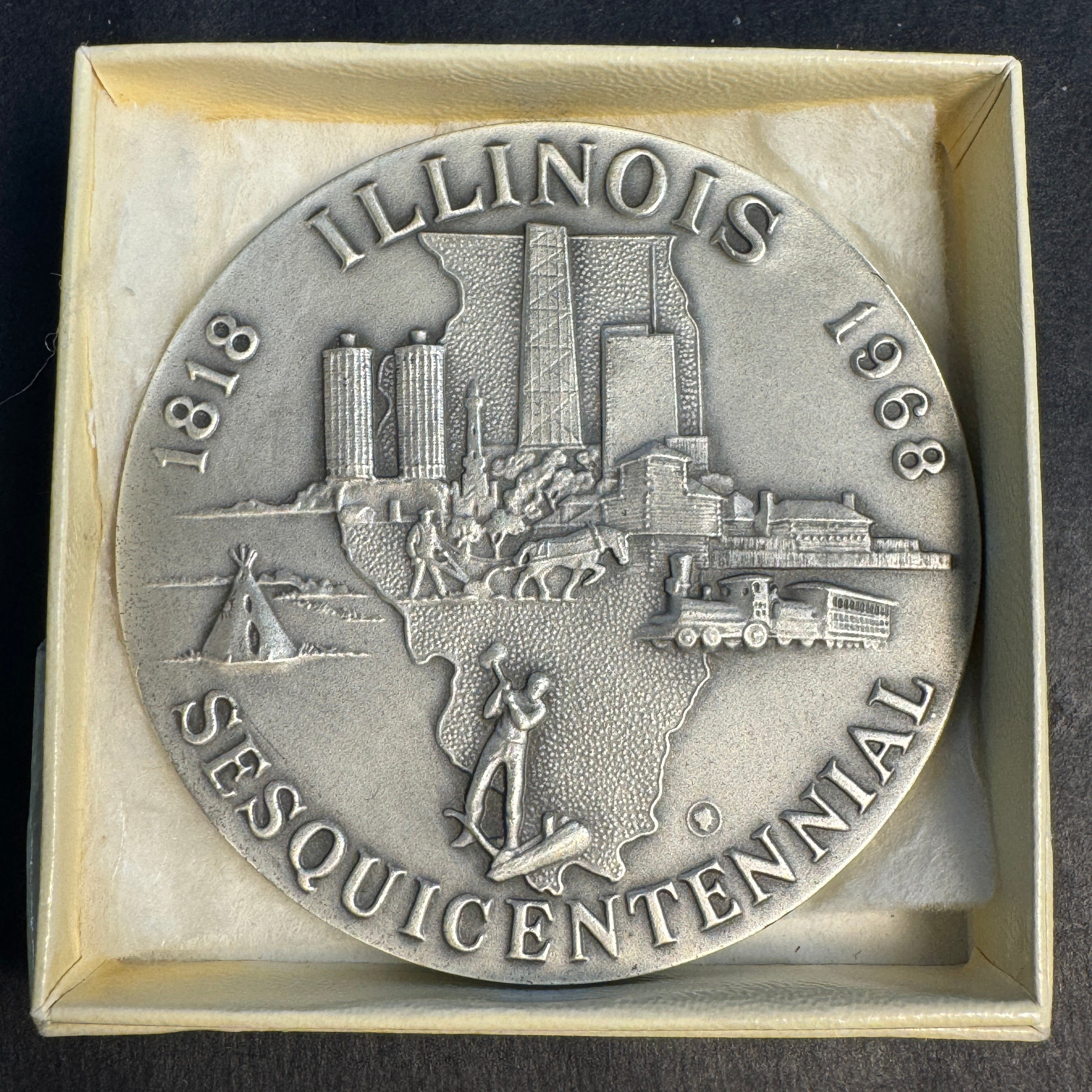 1818-1968 Illinois Sesquicentennial 64mm Silver Medal, 124g .999, Medallic Arts Co. NY, Original Box