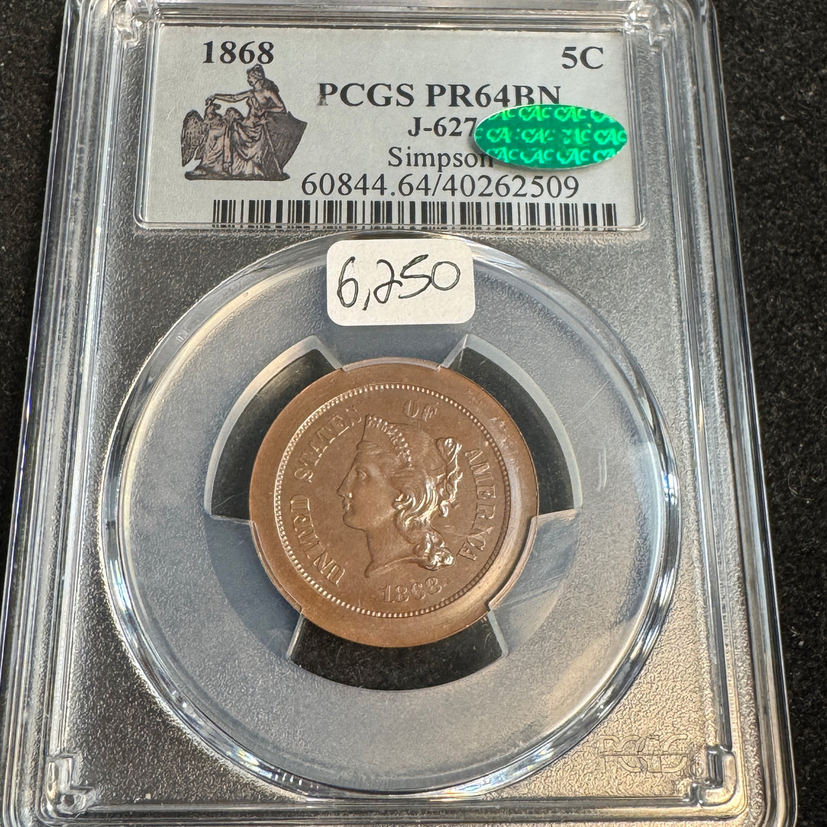 1868 5-Cent Copper Pattern J-627, PCGS PR-64 BN Green CAC, Ex-Simpson
