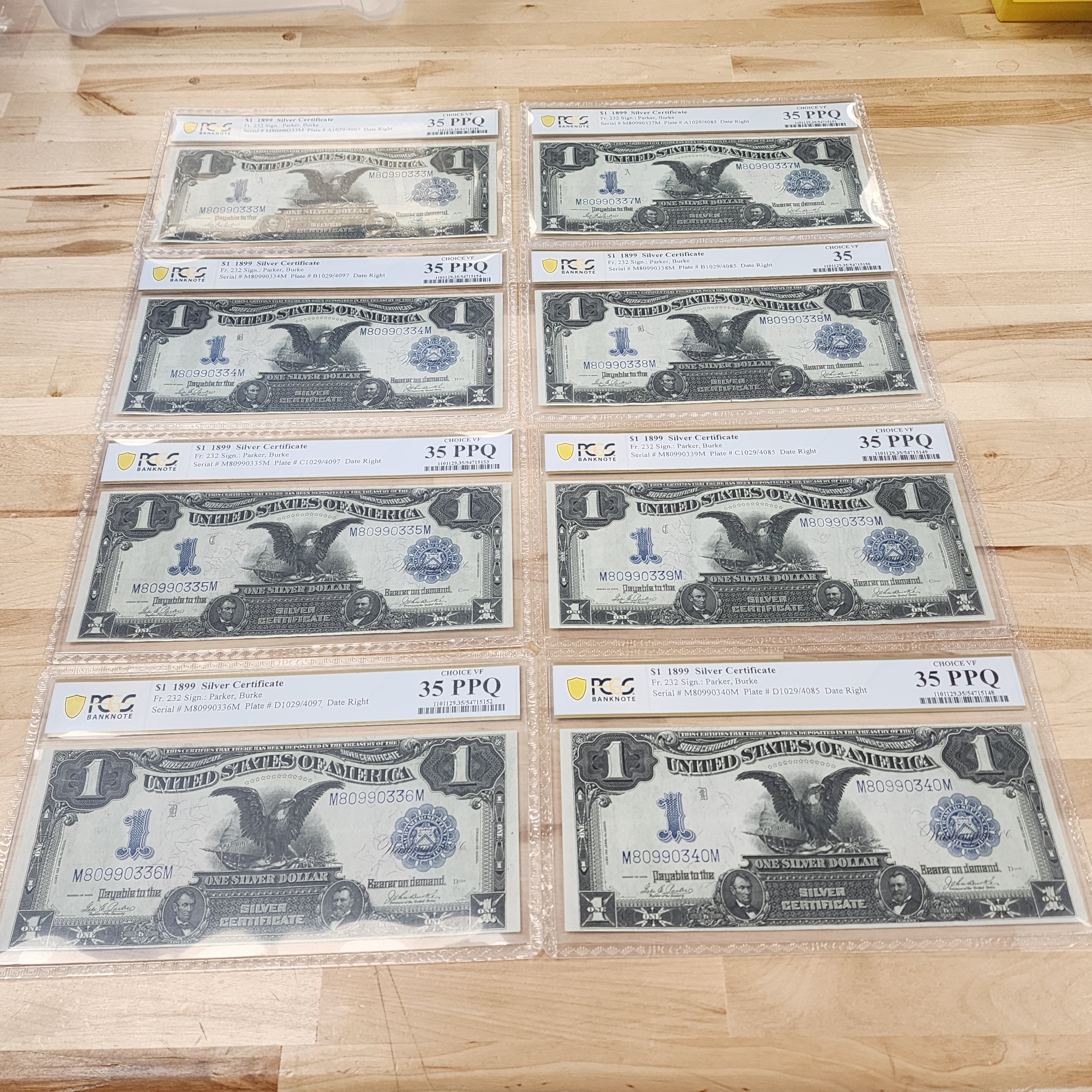 1899 $1 Silver Choice VF Certificate 35 PPQ Consecutive 8 Note Lot. Very rare find!