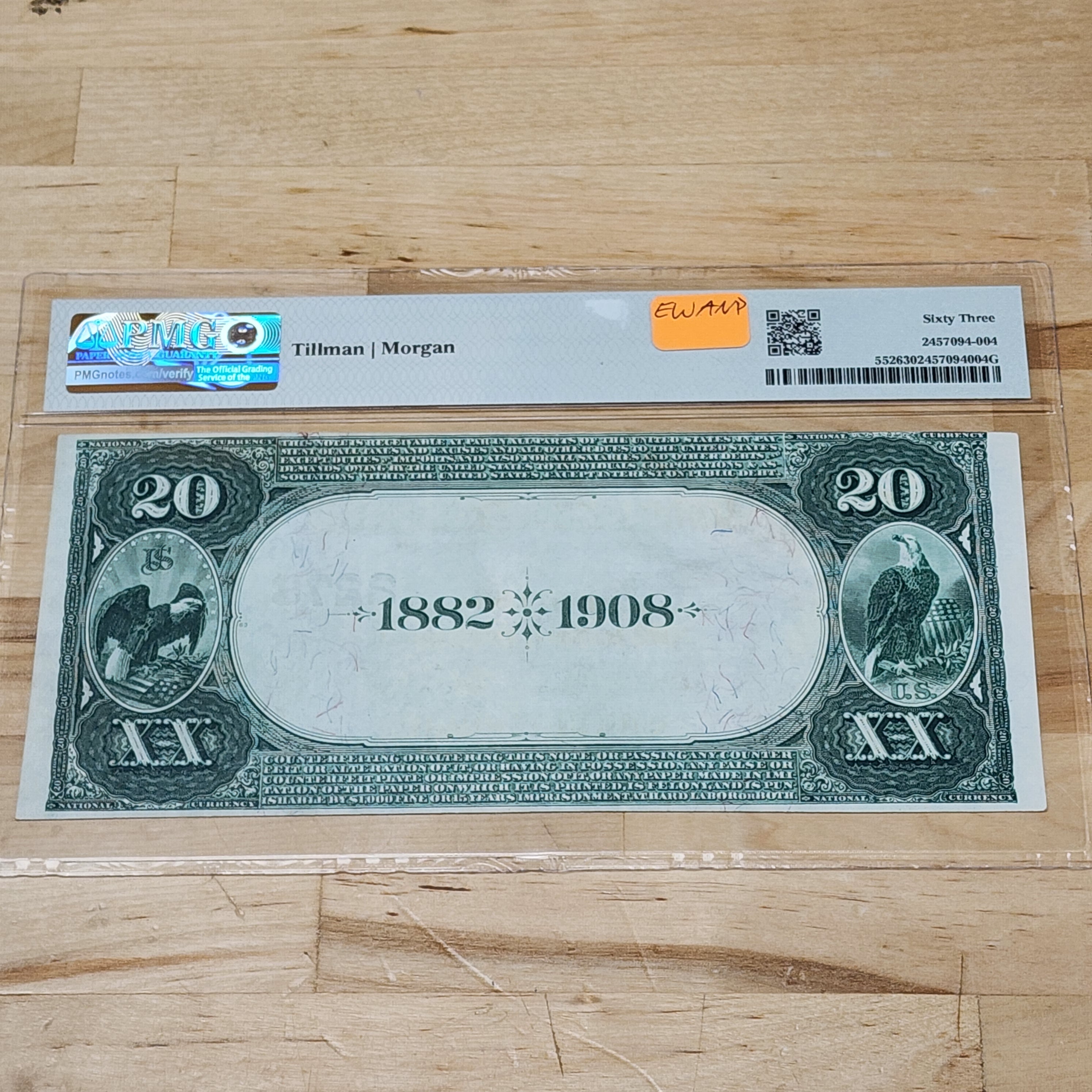 1882 $20 The Duquesne National Bank Pittsburgh, Pennsylvania CH#2278 FR#552 Uncirculated 63 PMG