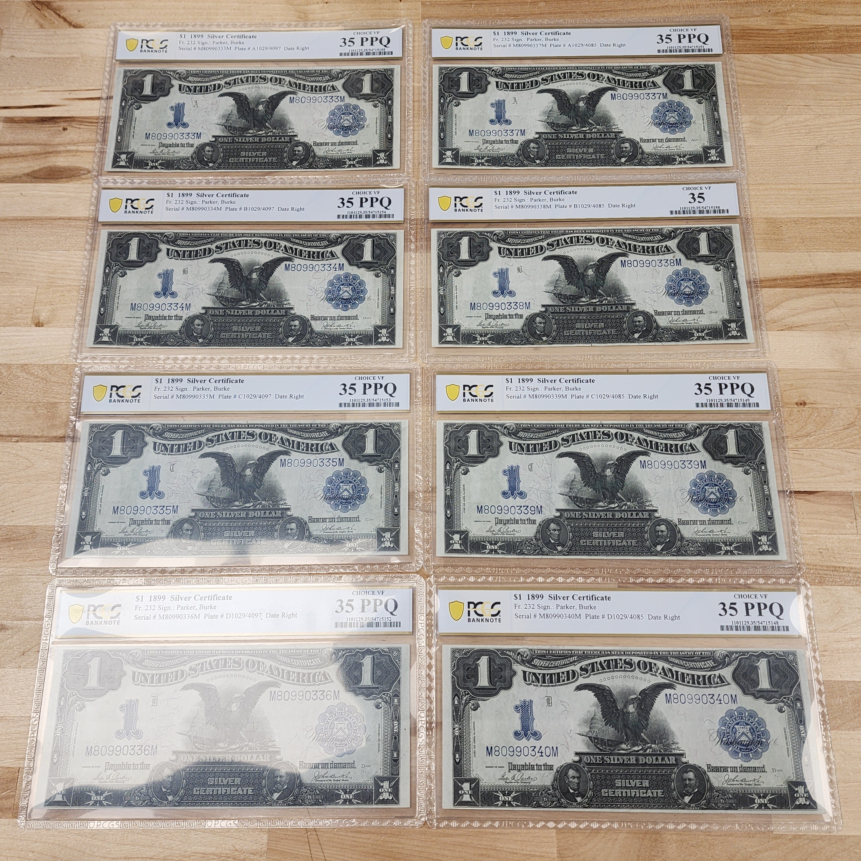 1899 $1 Silver Choice VF Certificate 35 PPQ Consecutive 8 Note Lot. Very rare find!