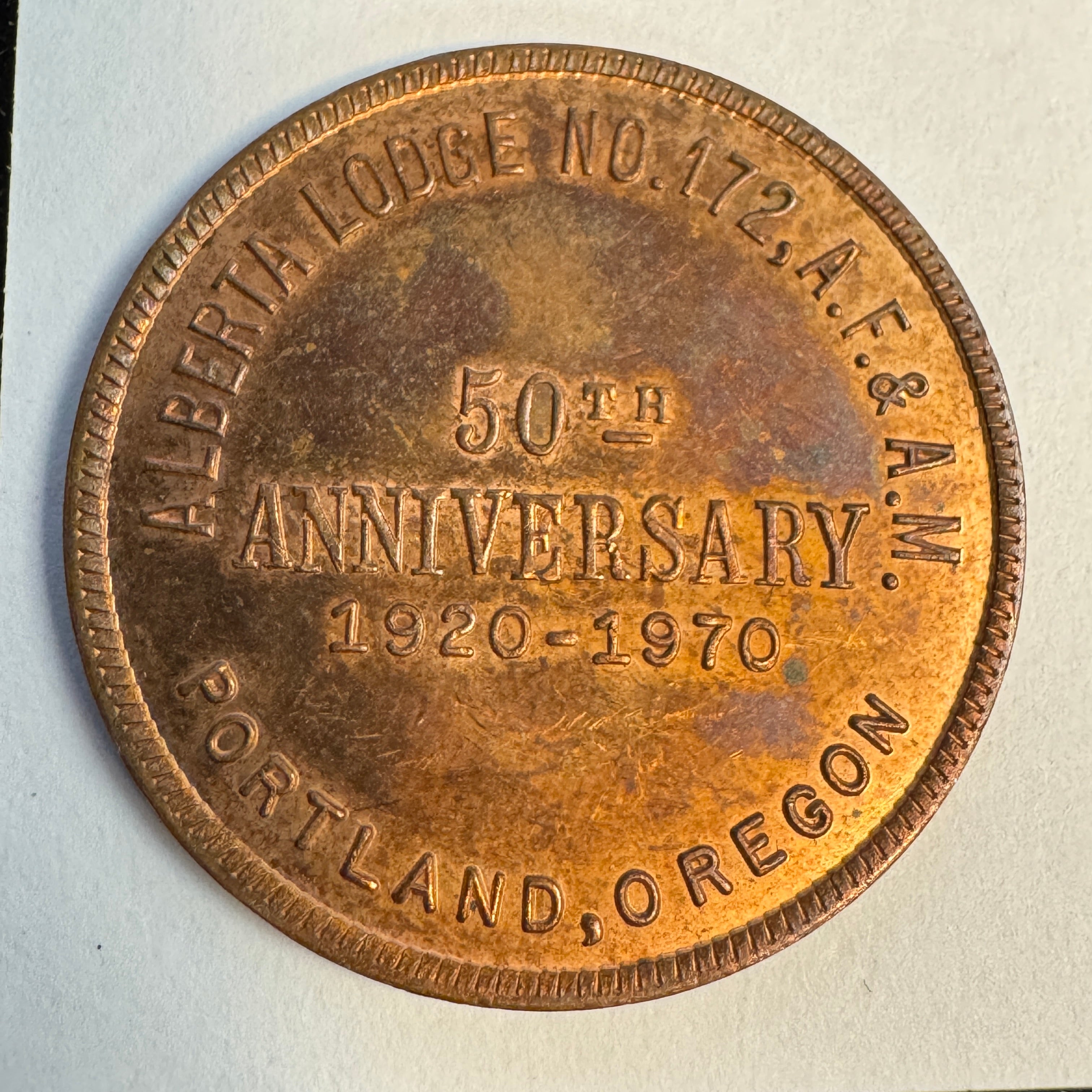 1920-1970 Alberta Masonic Lodge No.172 AF&AM 50th Anniversary Medal, Portland Oregon