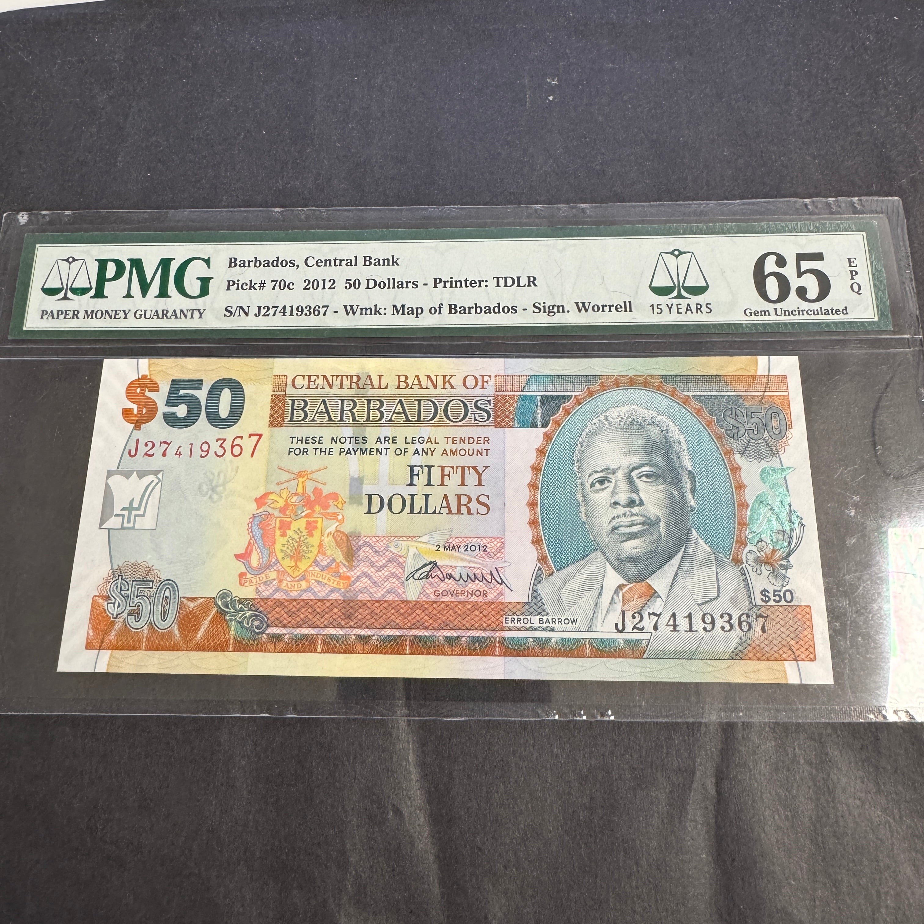 2012 Barbados 50 Dollars Banknote, P#70c, PMG 65 Gem Unc EPQ