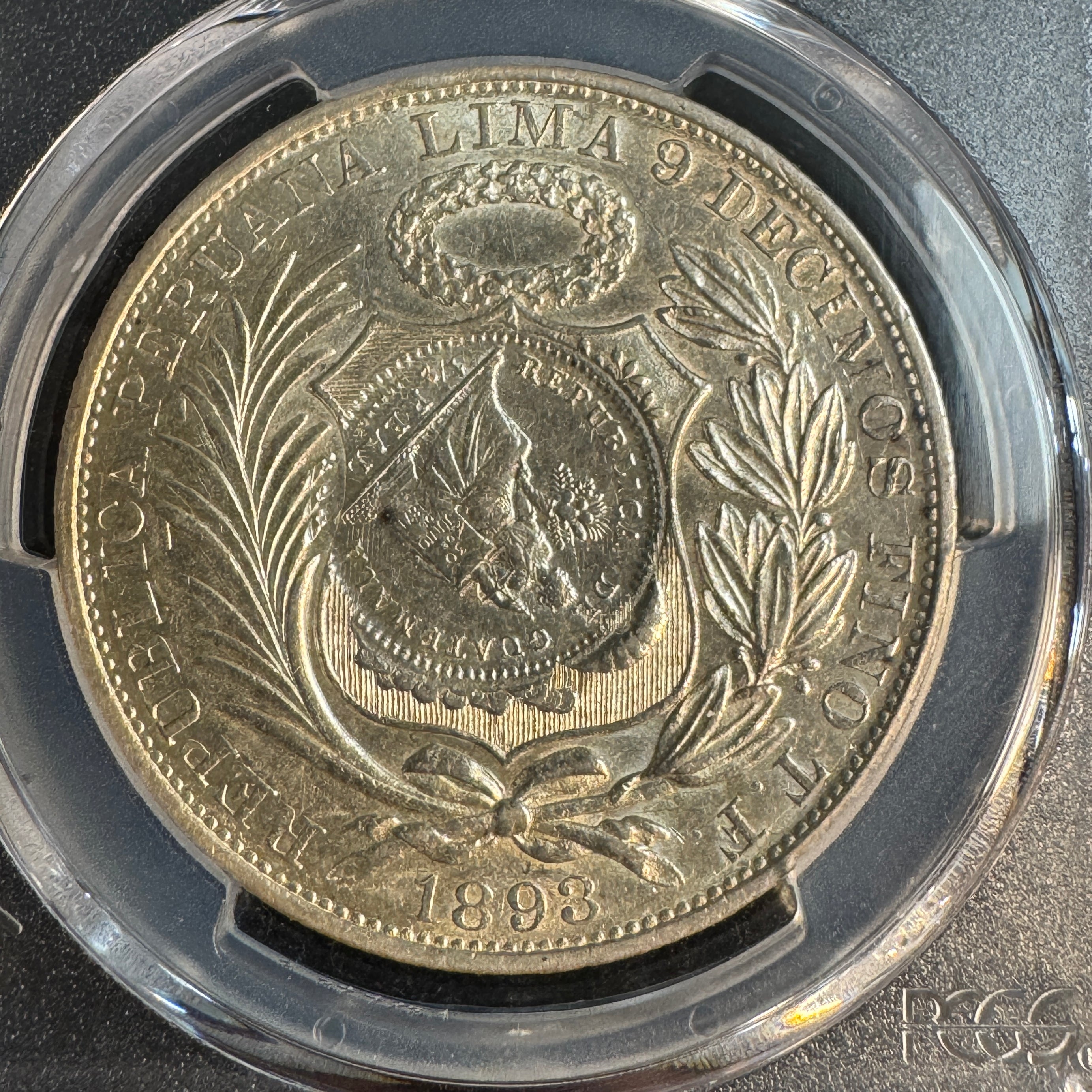 1894 Guatemala Peso KM-224 O/S on 1893-TF Peru Sol, PCGS AU Detail