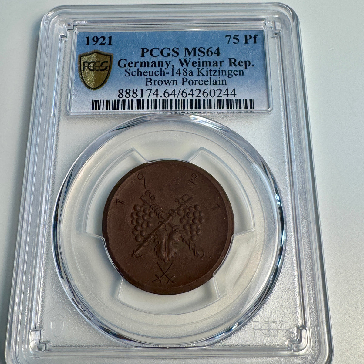 1921 Kitzingen Germany 75 Pfennig Brown Porcelain Notgeld, Sch-148a, PCGS MS-64 🇩🇪 Pop. 1/1/1