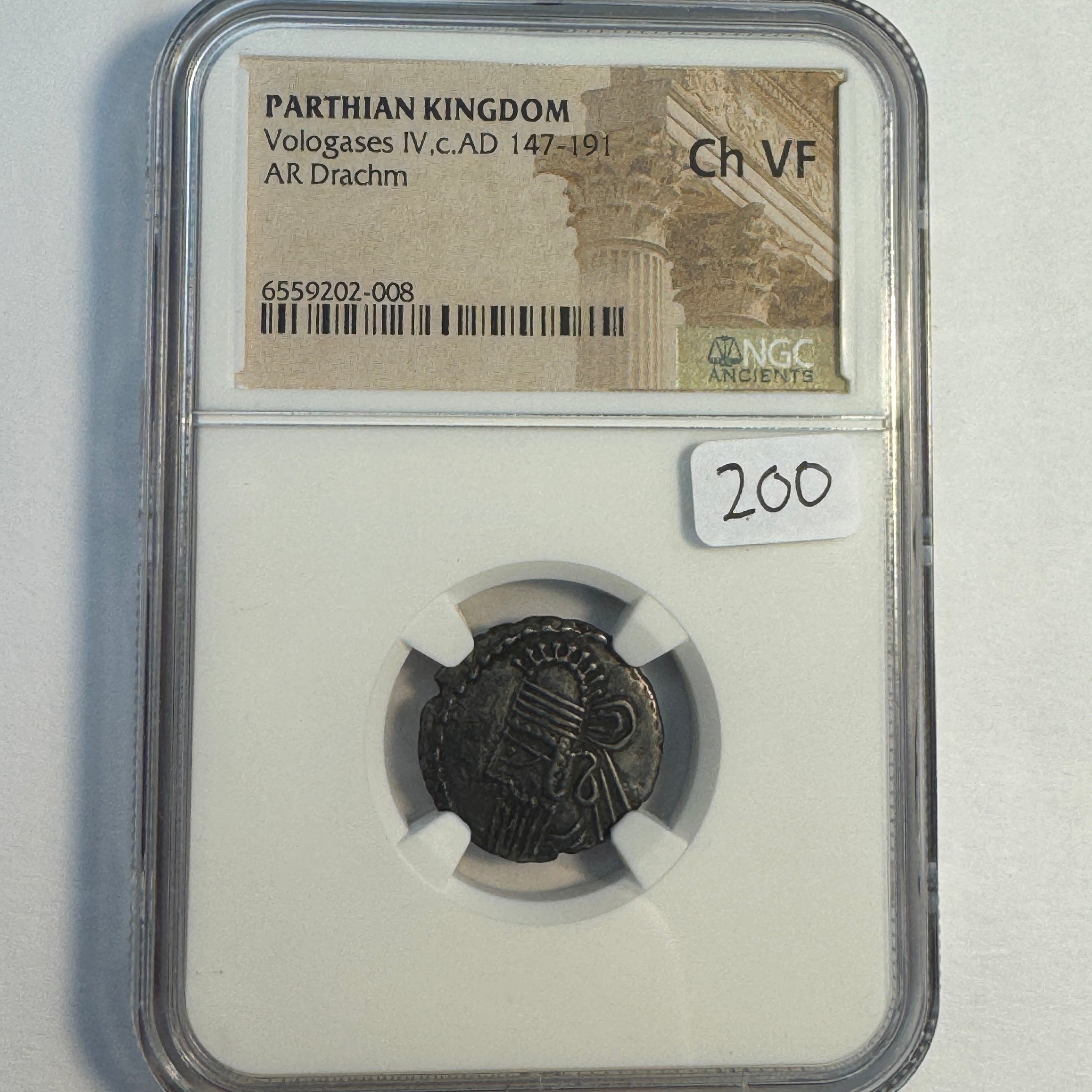 Parthian Empire Vologases IV (c147-191 AD) AR Drachm, NGC Choice VF