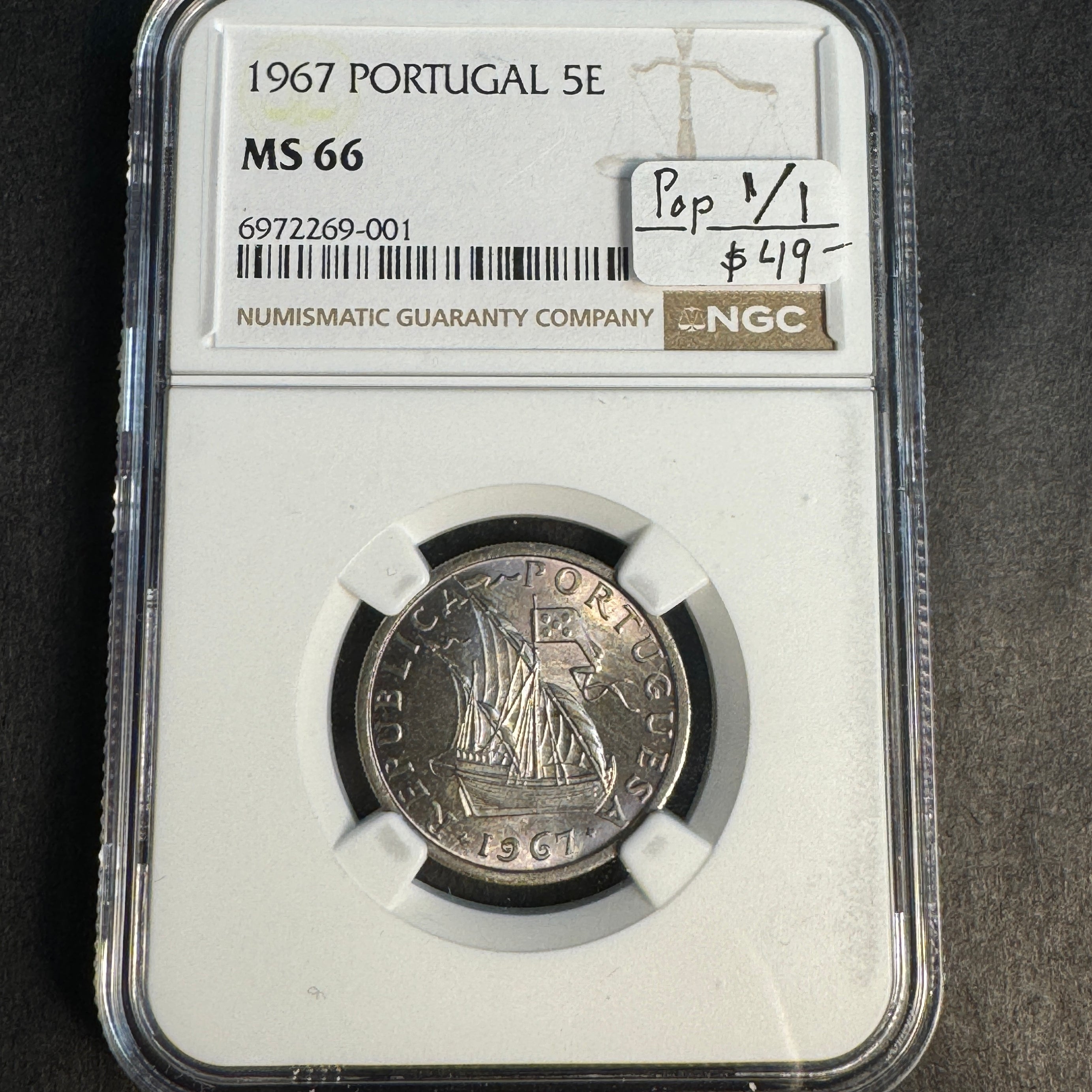 1967 Portugal 5 Escudos, Ship, NGC MS-66, Pop 1/1 Near Finest, 🇵🇹