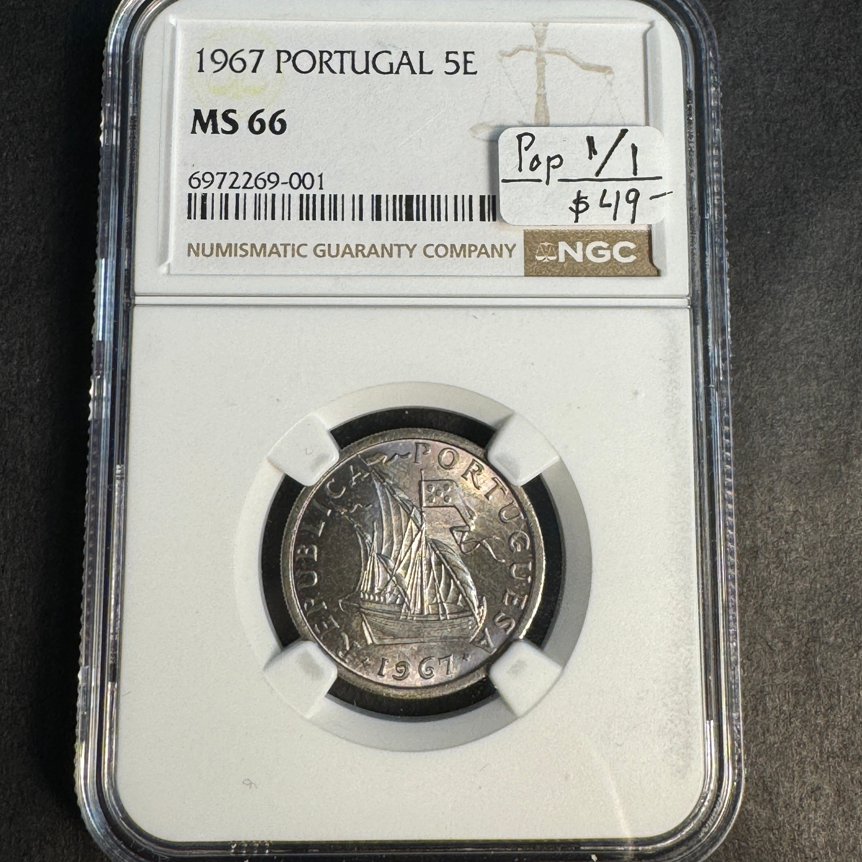 1967 Portugal 5 Escudos, Ship, NGC MS-66, Pop 1/1 Near Finest, 🇵🇹