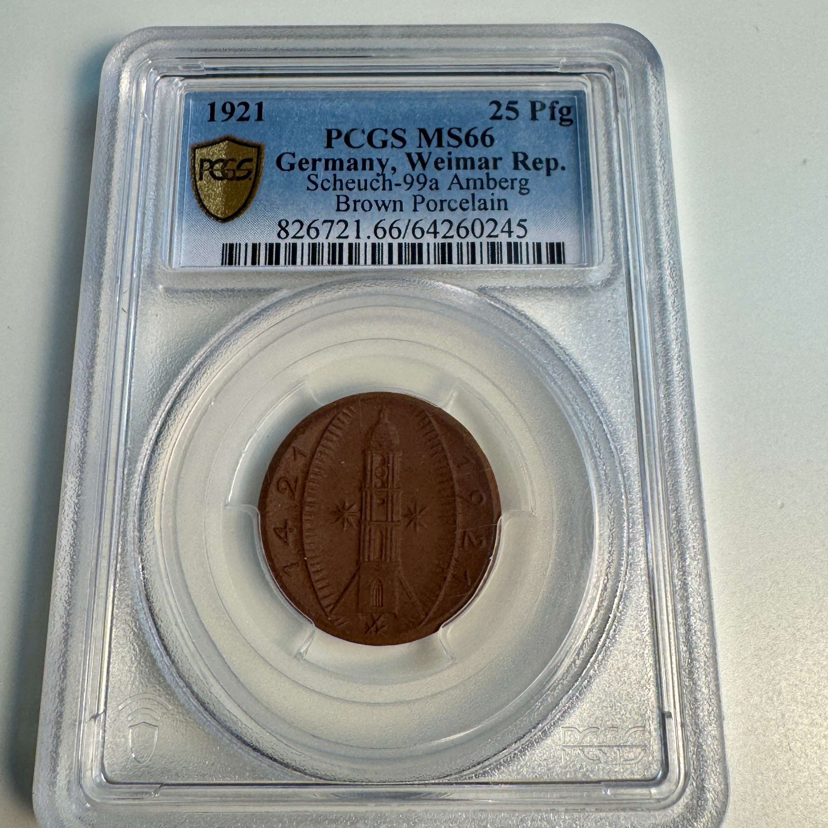1921 Amberg Germany 25 Pfennig Brown Porcelain Notgeld, Sch-99a, PCGS MS-66 🇩🇪 Top Pop 3/0 ⭐️