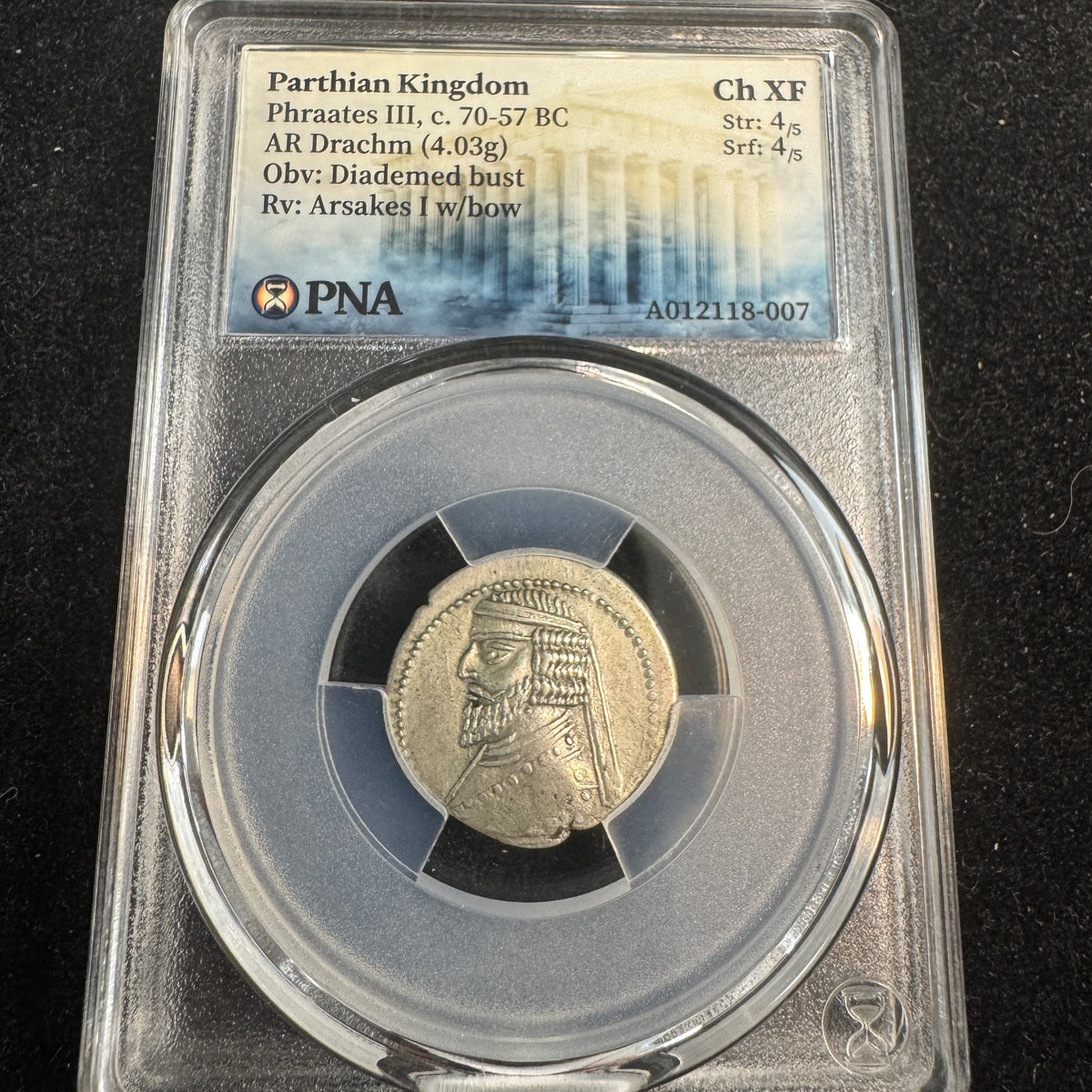 Parthian Kingdom Phraates III (70-57 BC) AR Drachm, Arsakes w/bow, PNA Choice XF
