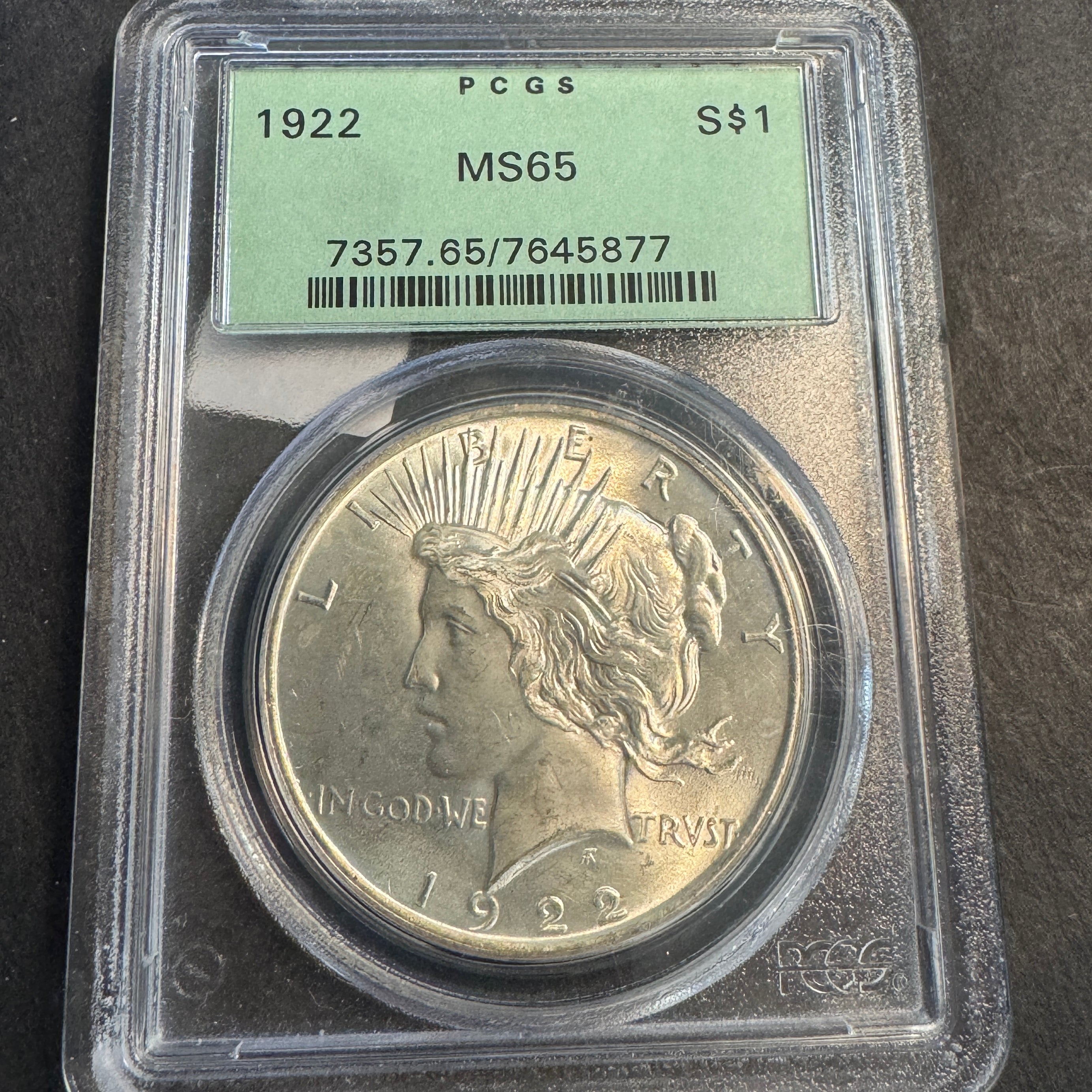 1922 (P) Peace Silver Dollar, “Old Green” PCGS MS-65