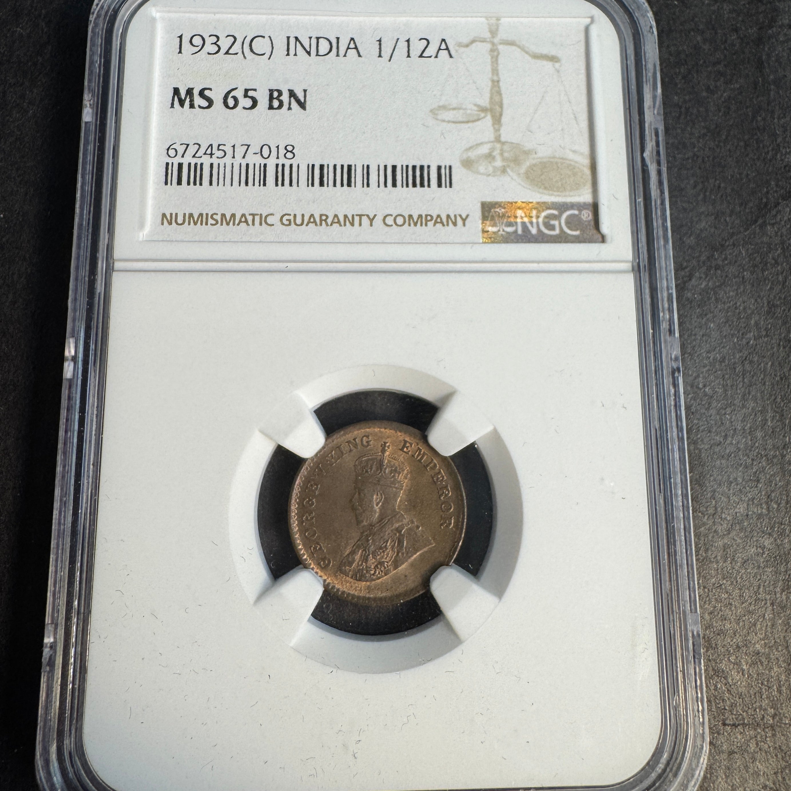 1932 (C) British India 1/12 Anna, George V, NGC MS-65 BN