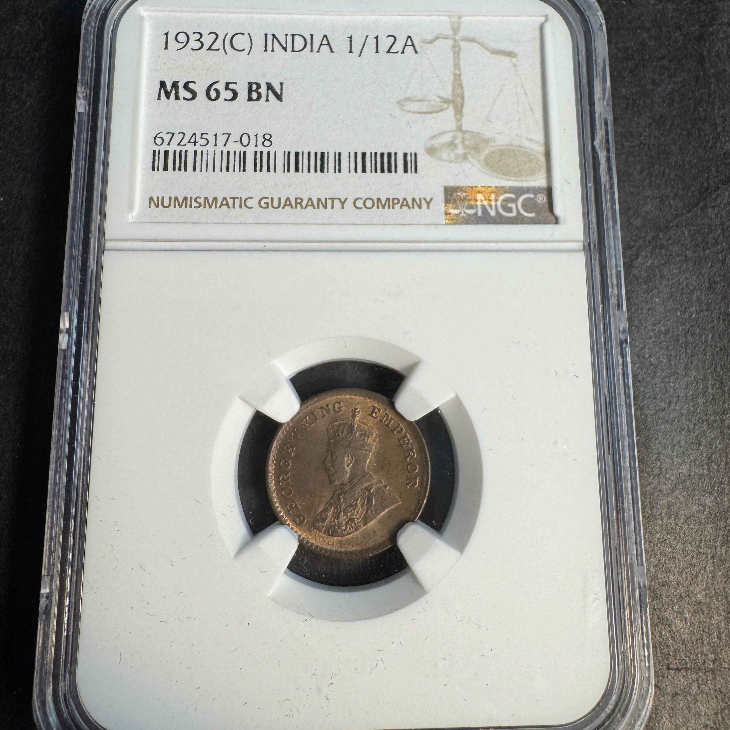 1932 (C) British India 1/12 Anna, George V, NGC MS-65 BN