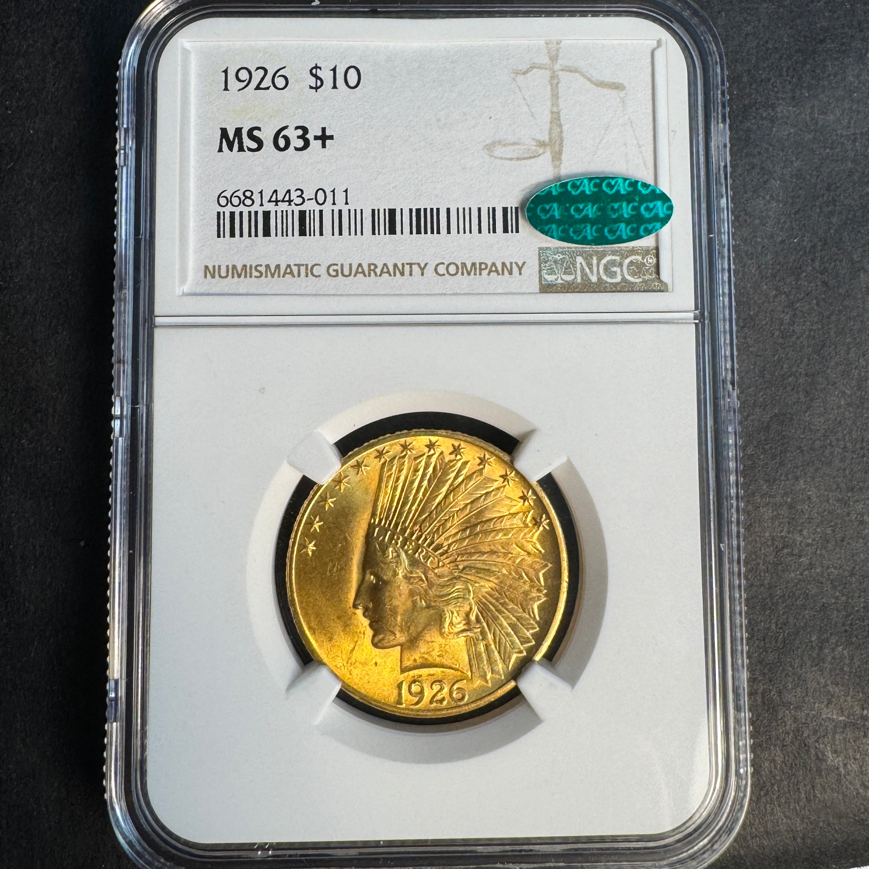1926 Indian $10 Gold NGC MS-63+ Green CAC