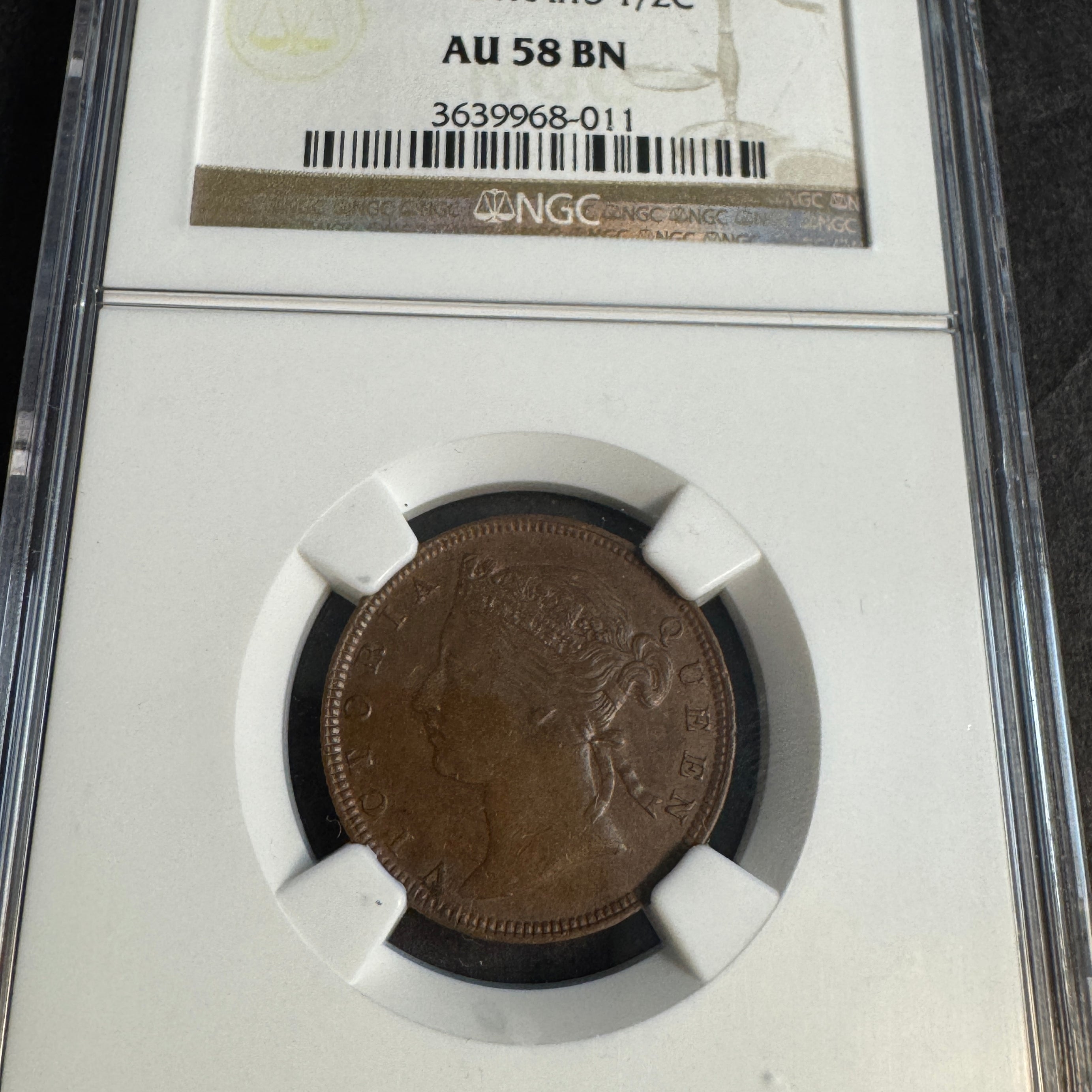 1889 Straits Settlements 1/2 Cent, Victoria, NGC AU-58 BN