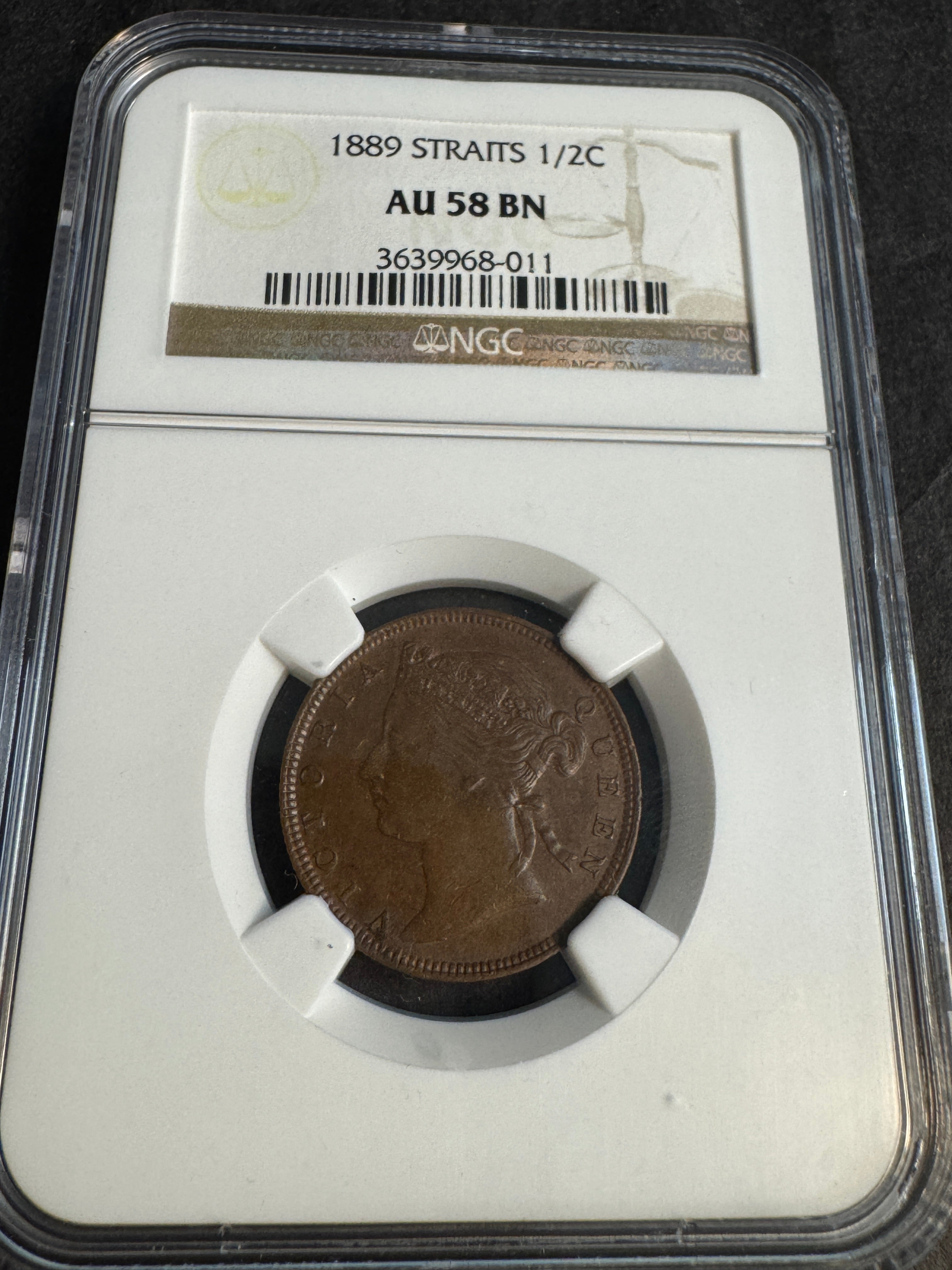 1889 Straits Settlements 1/2 Cent, Victoria, NGC AU-58 BN