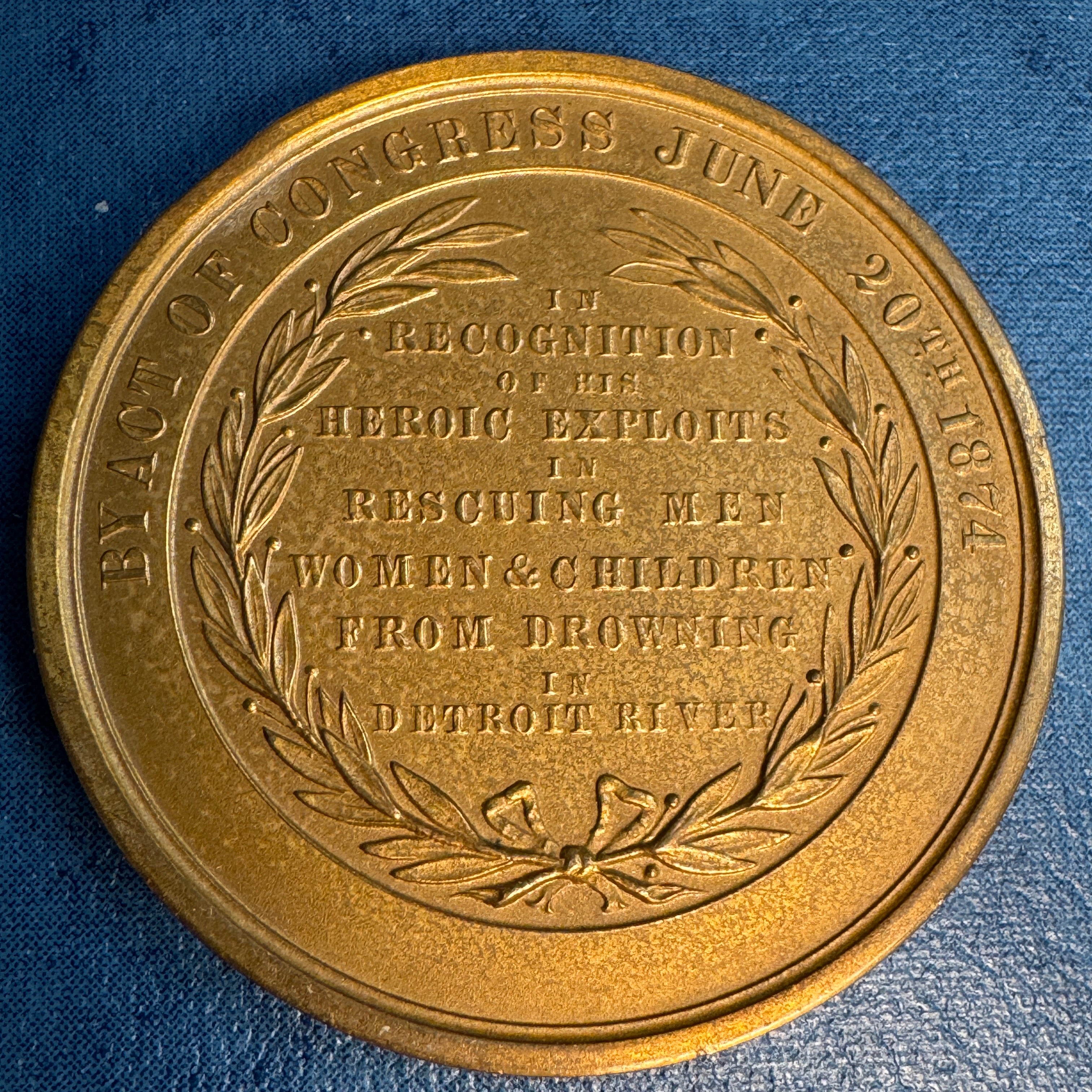1874 John Horn Jr Life Saving Heroism 48mm Bronze Medal, US Mint Restrike J-LS-14